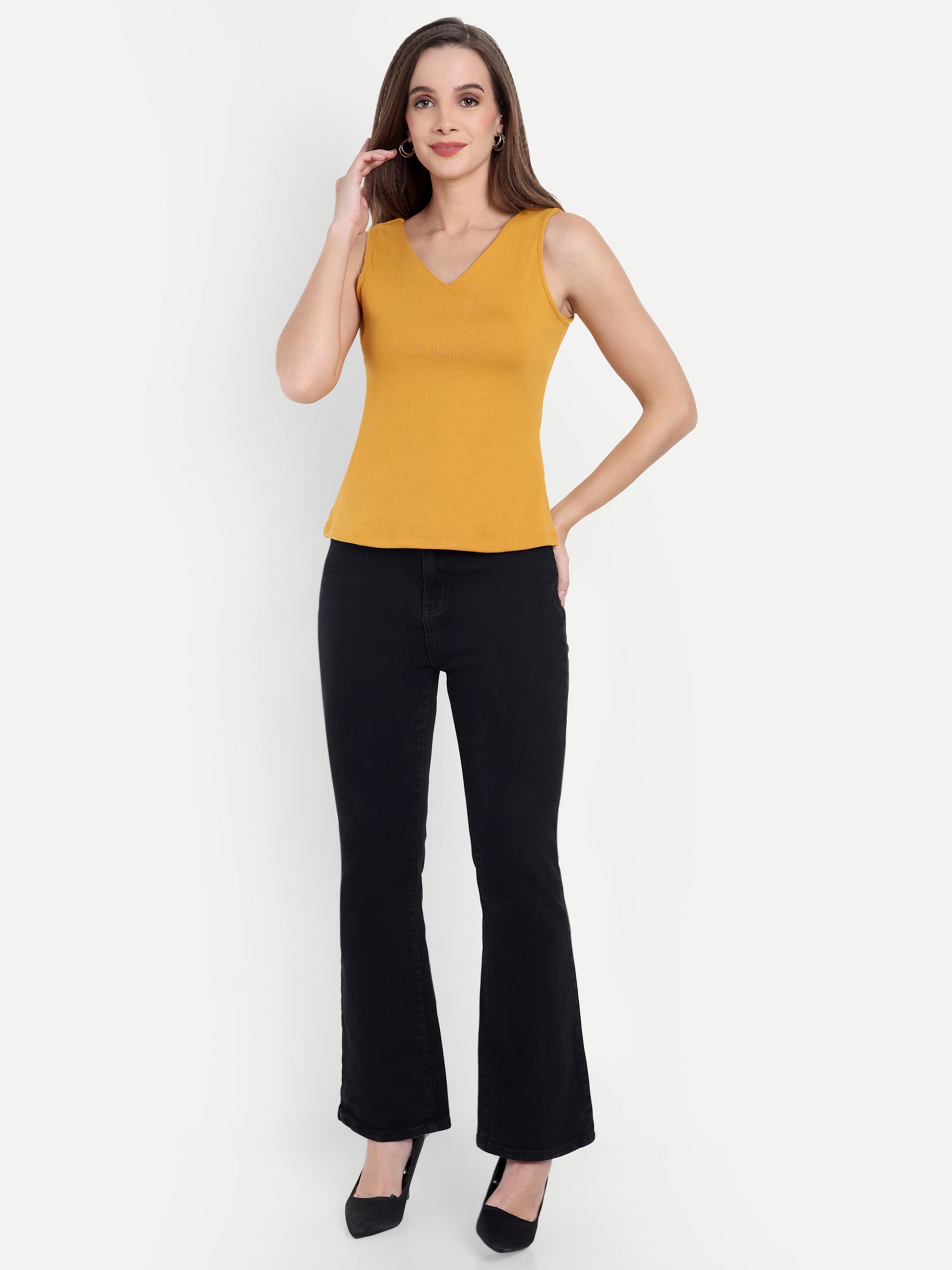 Women's Orange  V-Neck  Sleeveless Top | Casual & Party Wear