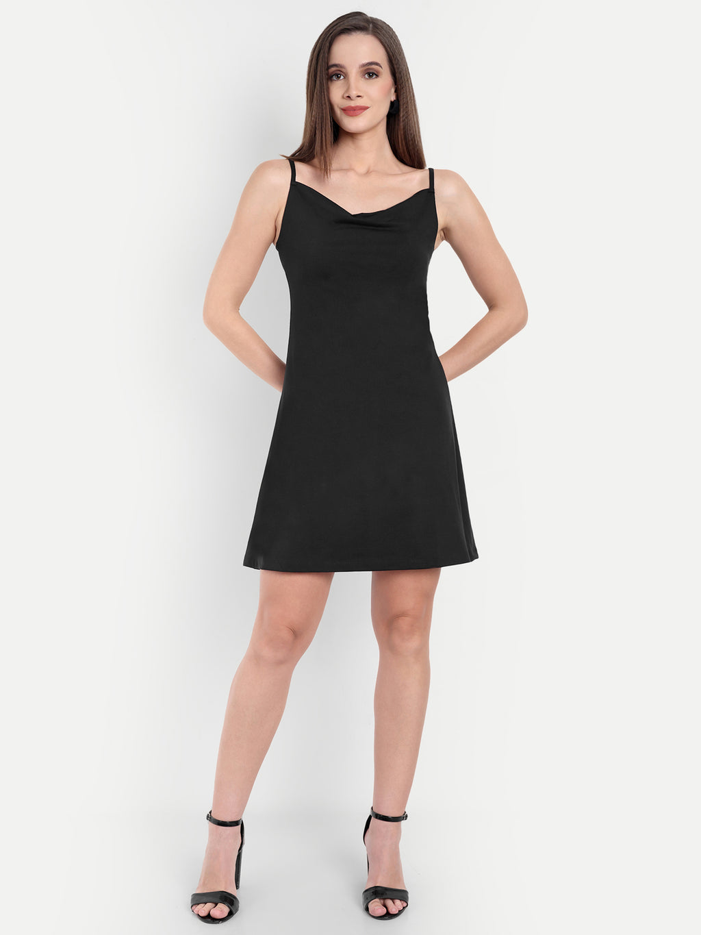 Women's Black A-Line Mini Dress | Sleeveless Cowl Neck | Casual & Party Wear