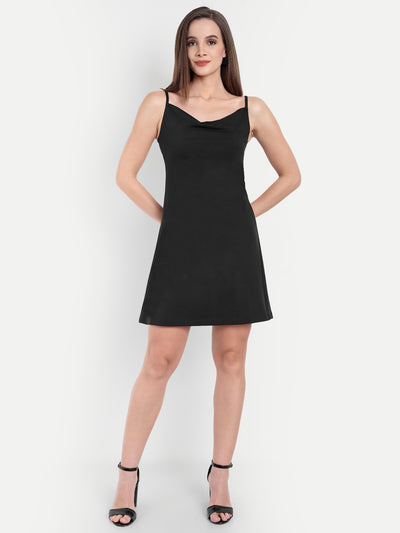 Women's Black A-Line Mini Dress | Sleeveless Cowl Neck | Casual & Party Wear