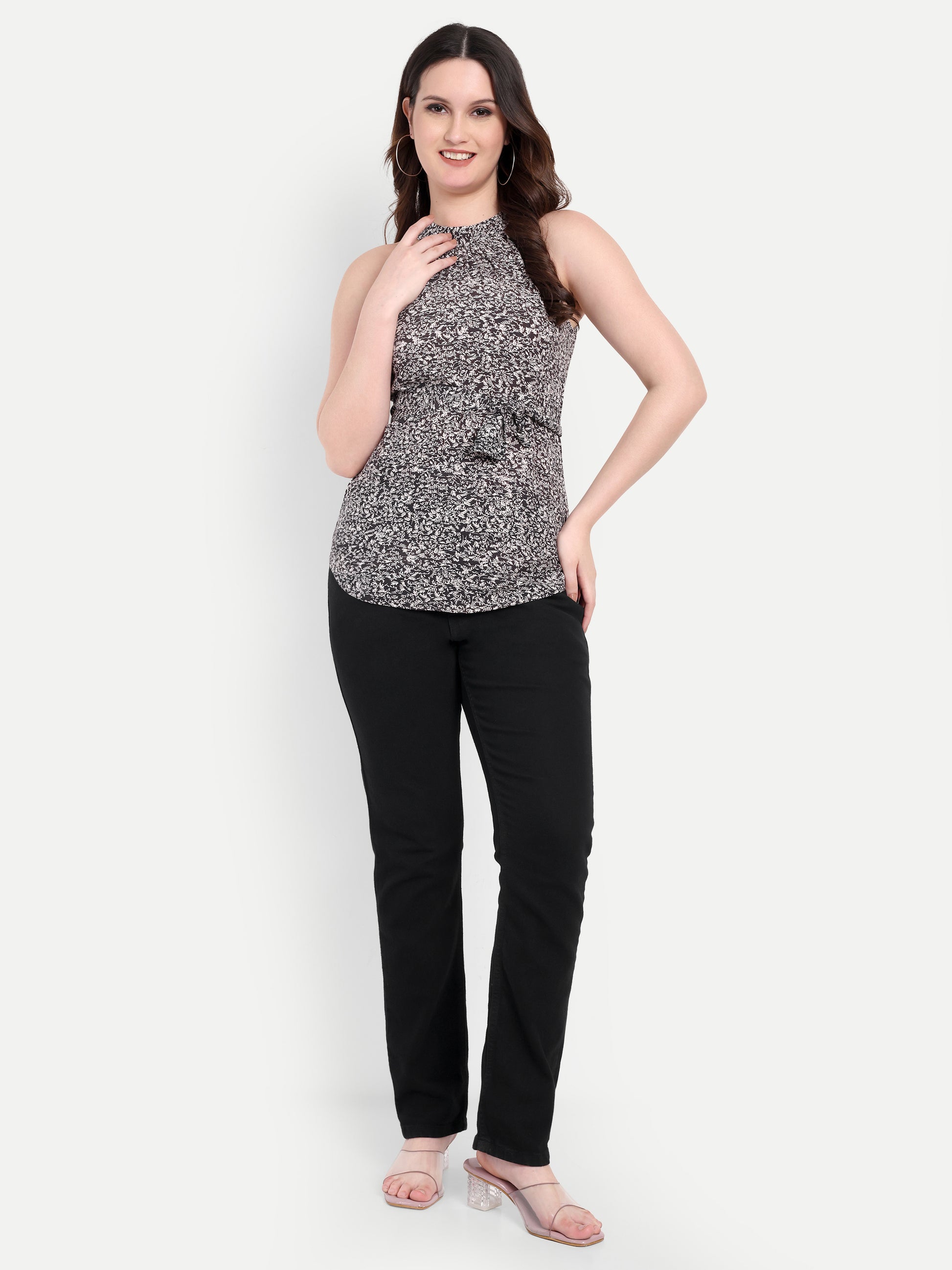 Women's Black & White Floral Halter Neck Top with Waist Tie | Sleeveless Casual Wear