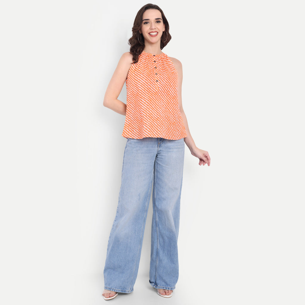 FairLeaf Women's Halter orange Top with Button-Down High Neckline| Sleeveless Elegant Summer Tunic for Casual, & Office Wear| Stylish OrangeTops for Women