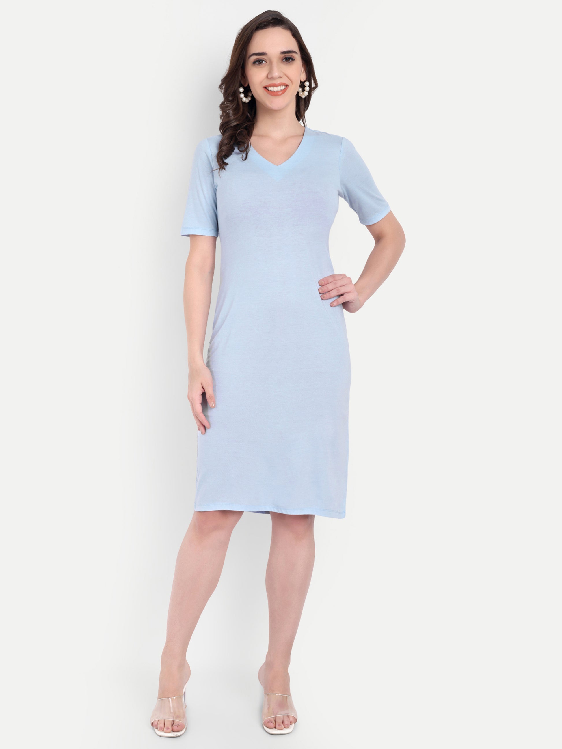 Women's Light Blue Bodycon Midi Dress | V-Neck | Half Sleeve | Casual & Office Wear