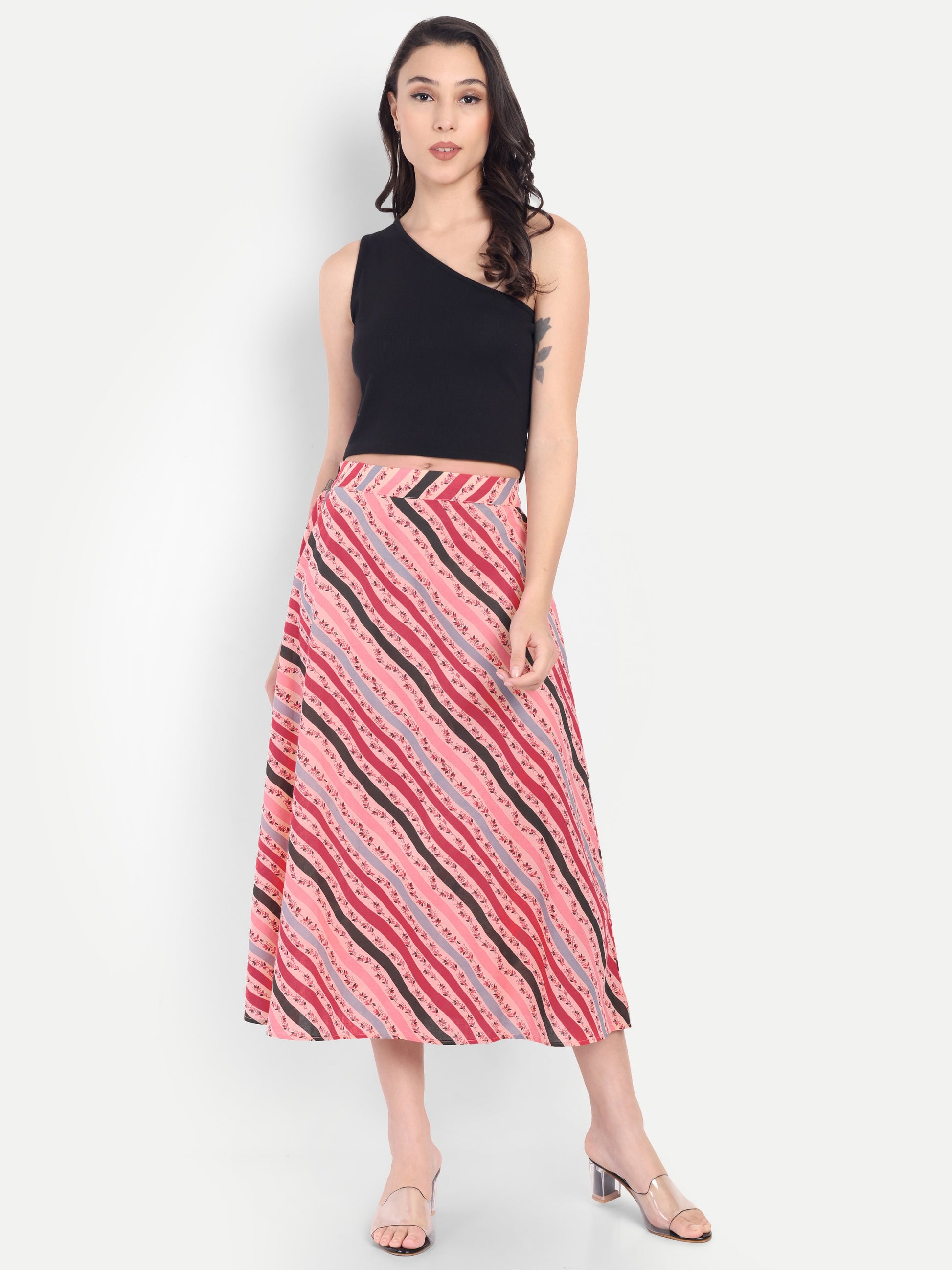 Women's Pink Striped A-Line Midi Skirt | Casual & Party Wear