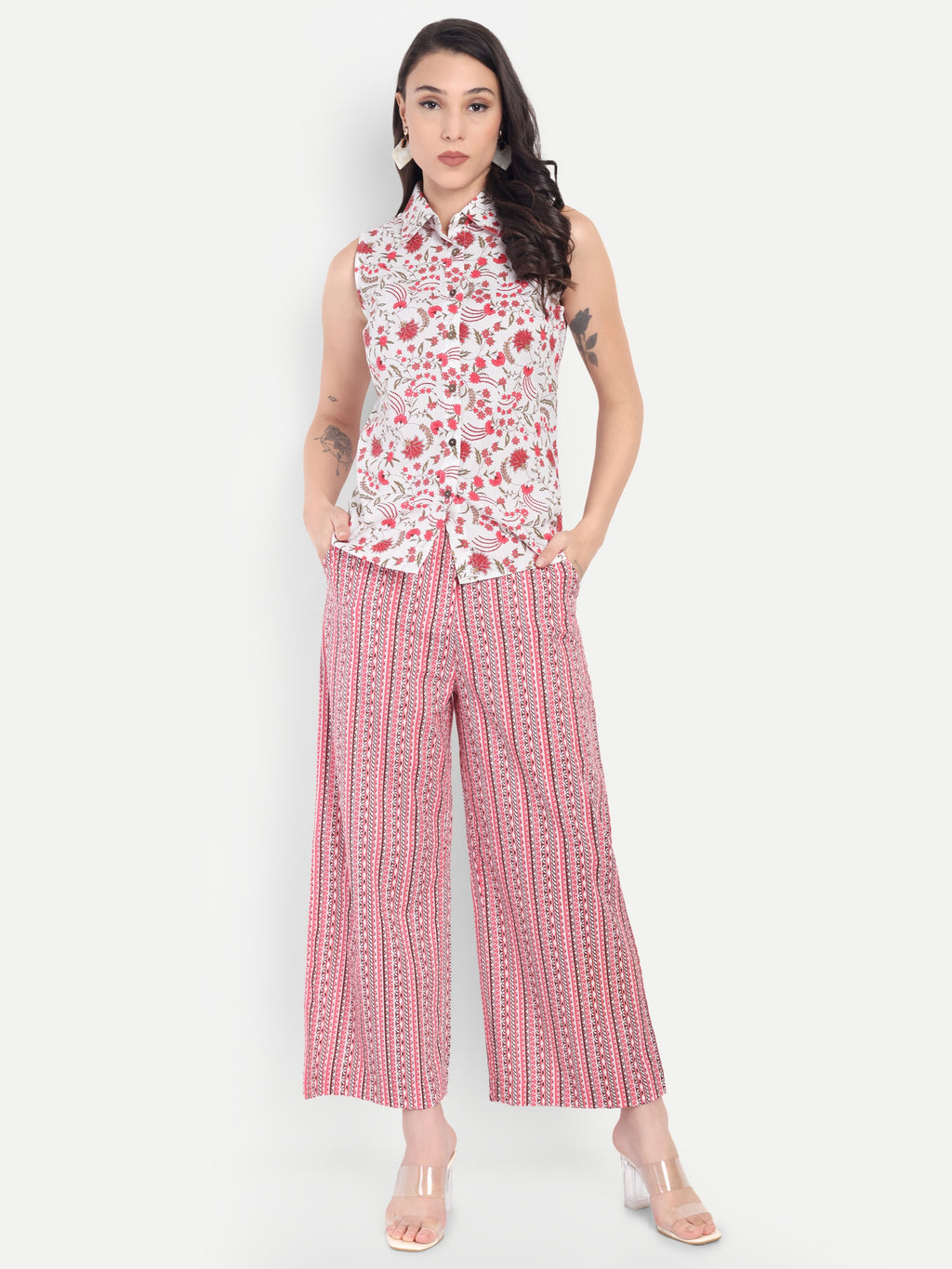 Women's White & Red Floral Sleeveless Shirt with Pink Printed Wide-Leg Pants | Comfortable Summer Co-ord Set
