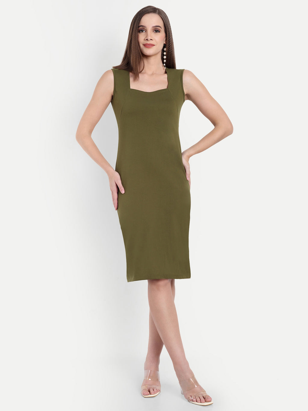 Women's Olive Sleeveless Bodycon Midi Dress | Square Neck | Casual & Party Wear