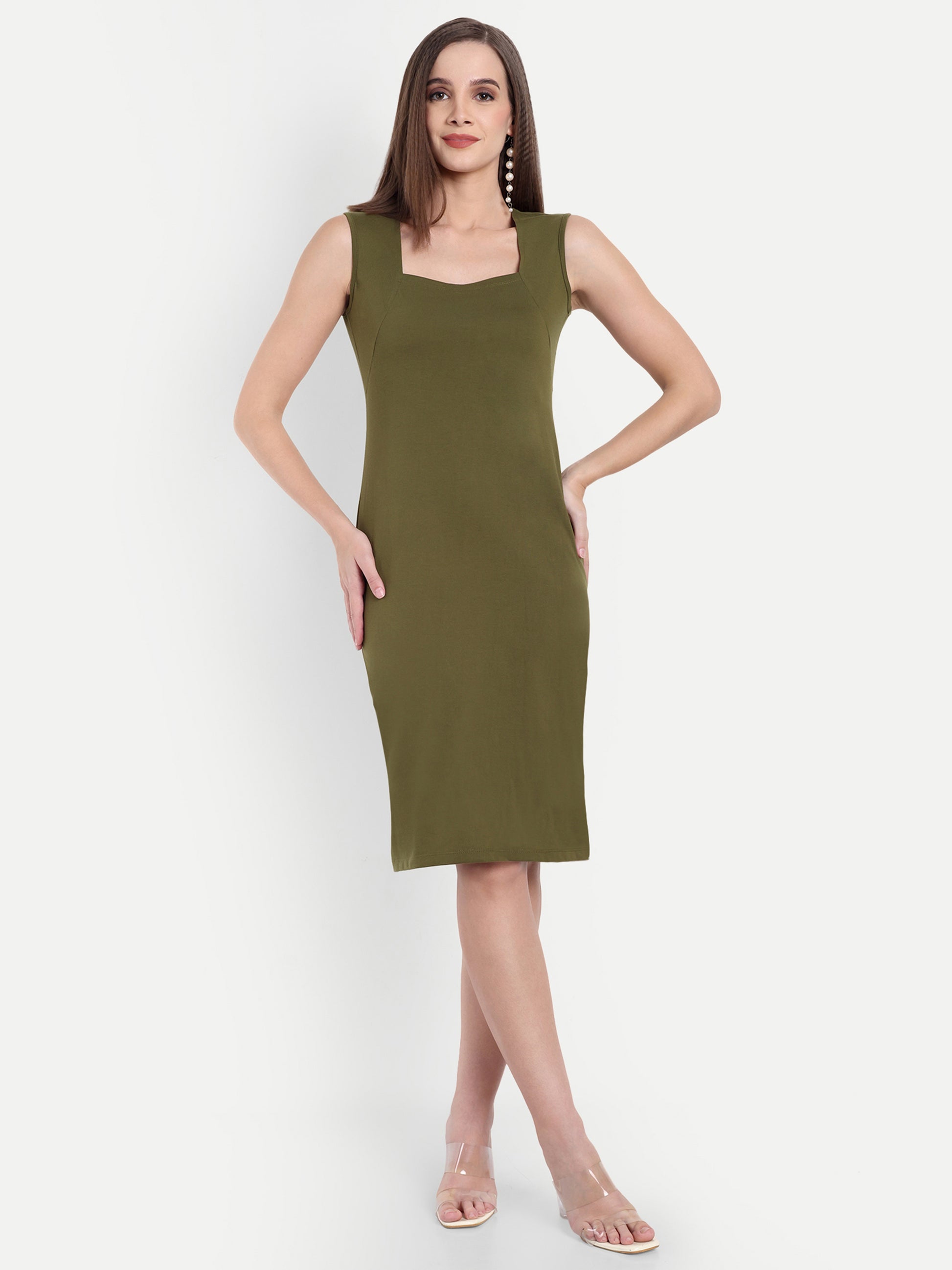 Women's Olive Sleeveless Bodycon Midi Dress | Square Neck | Casual & Party Wear