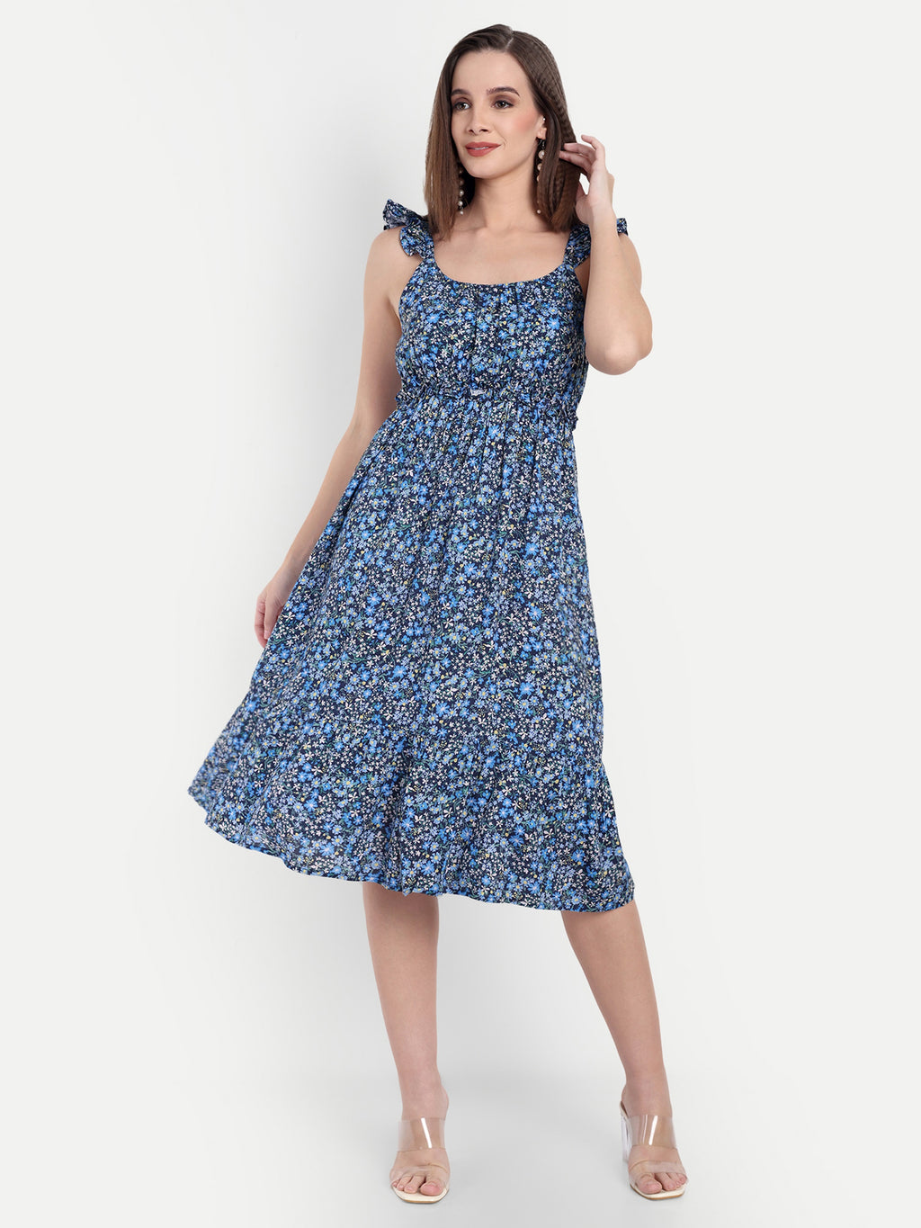 Women's Black Blue Floral Midi Dress | Sleeveless Ruffle Straps | Elegant Casual & Summer Wear
