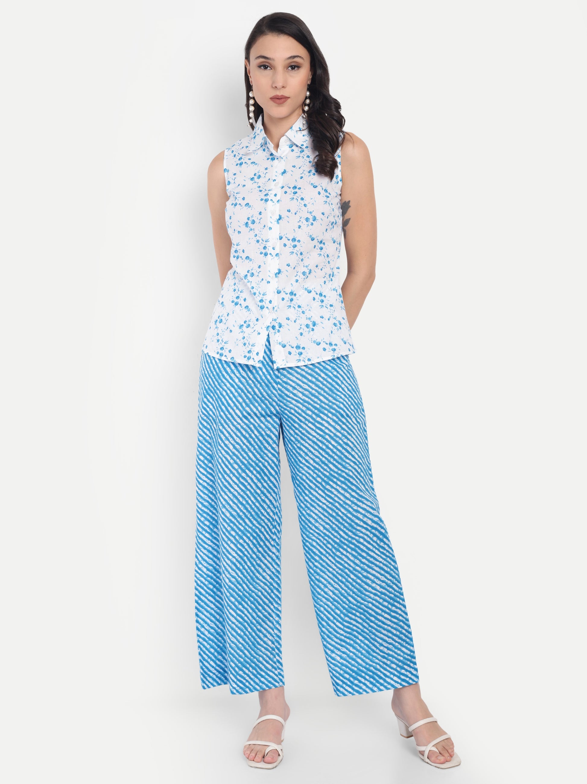 Women's Blue Floral Sleeveless Shirt with Pink Printed Wide-Leg Pants | Comfortable Summer Co-ord Sets