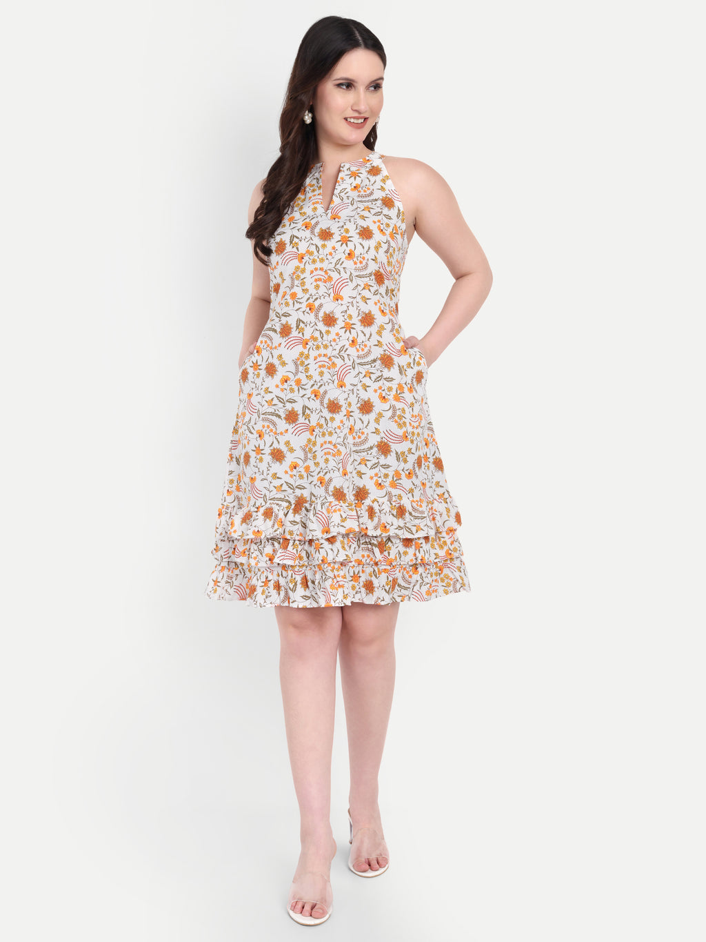 Women's orange Floral Sleeveless Halter Neck Dress | Tiered Hem | Summer Casual & Party Wear