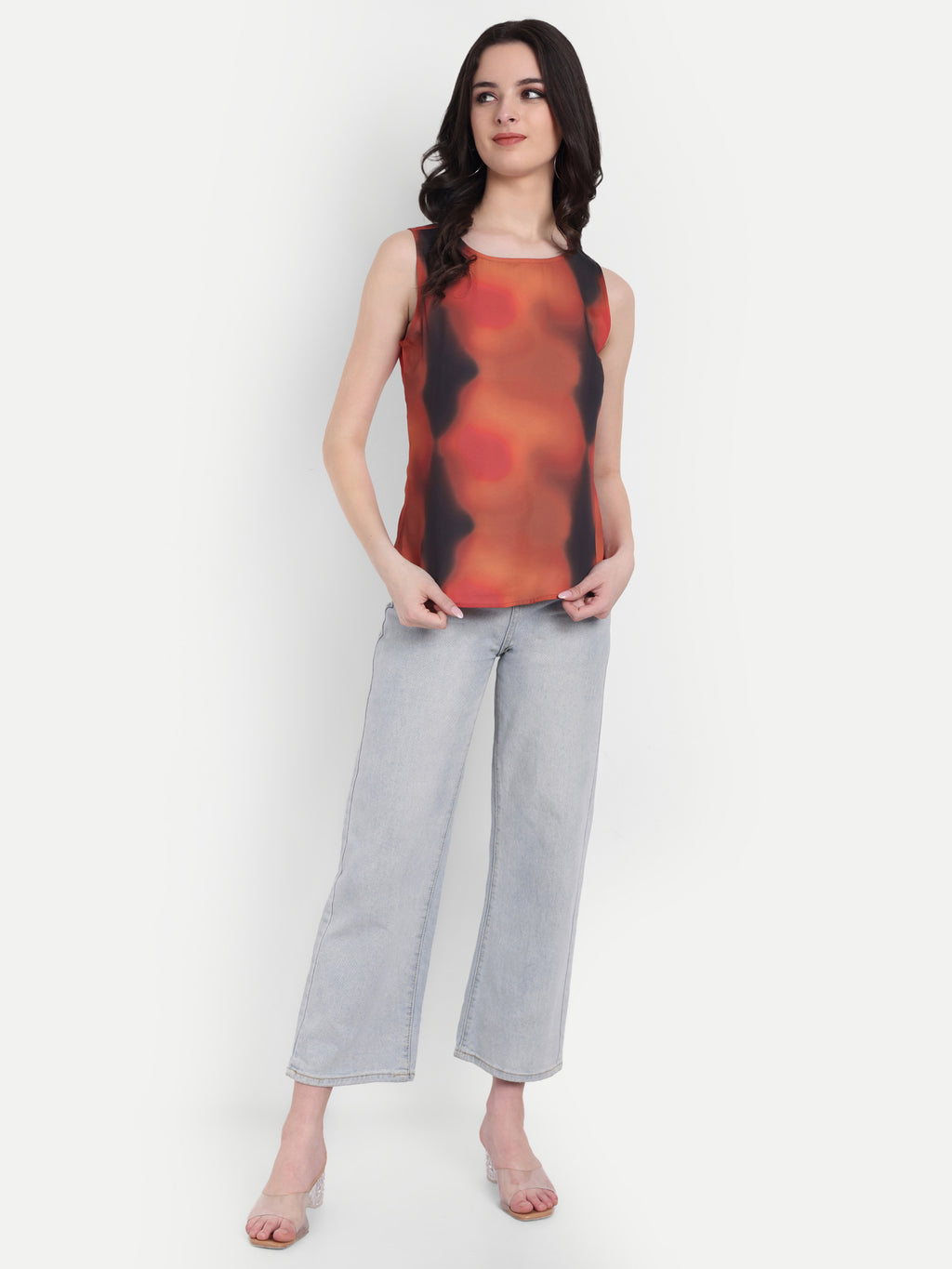 Women's Red Black Print Sleeveless Top | Round Neck | Lightweight Casual Summer Wear