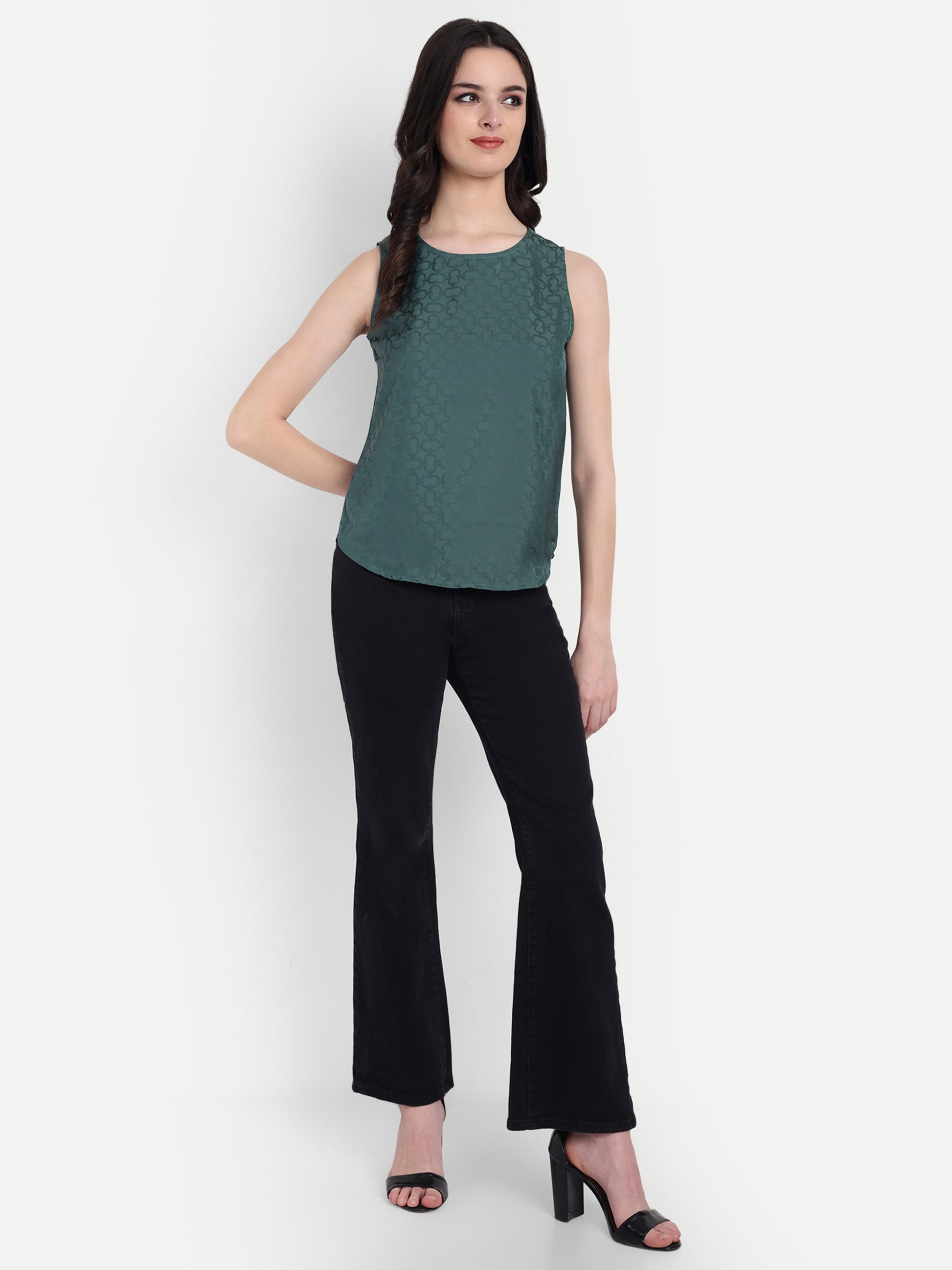 Women's Dark Green Sleeveless Top | Subtle Pattern | Elegant Round Neck for Casual & Office Wear