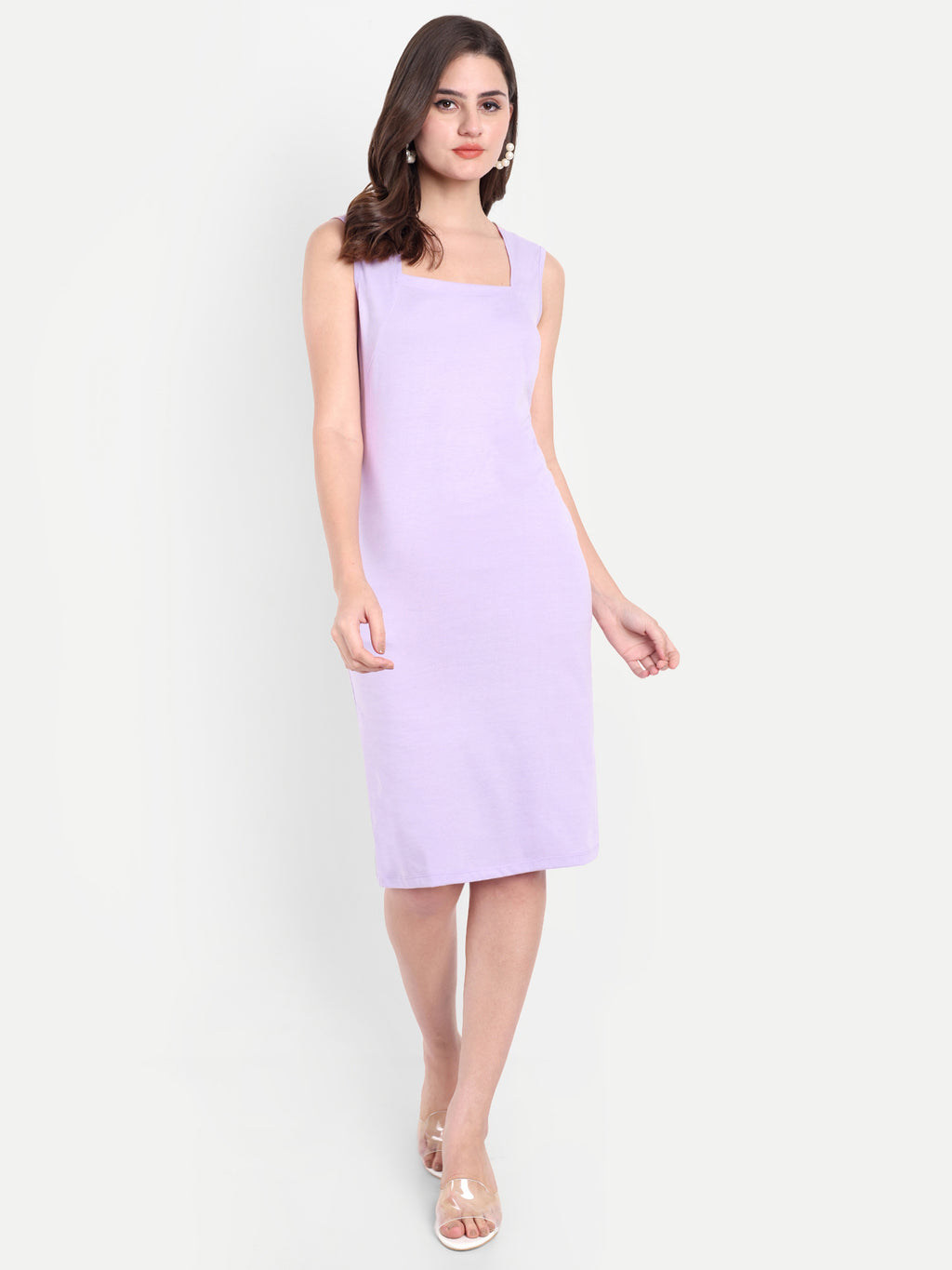 Women's Lavender  Sleeveless Bodycon Midi Dress | Square Neck | Casual & Party Wear