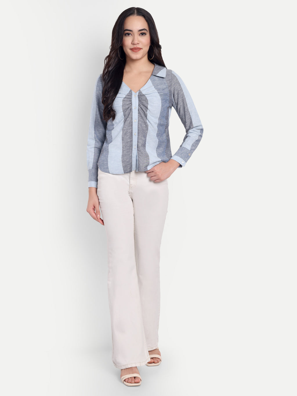 Women's Grey & Light Blue Striped Button-Down Shirt – Long Sleeve | Elegant Office & Casual Wear