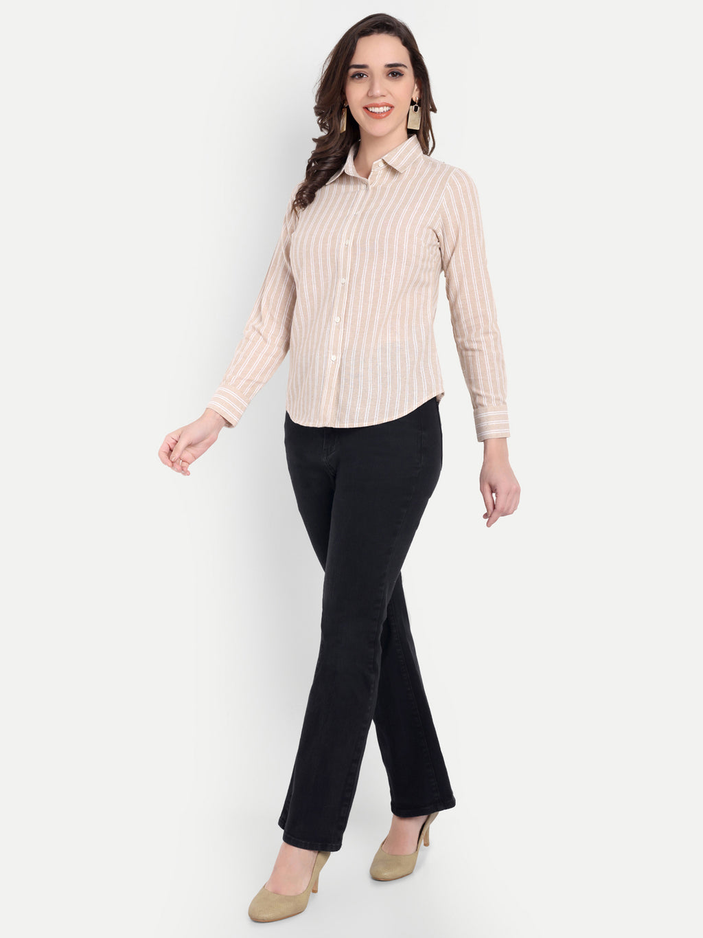 Women's Beige & White Striped Button-Down Shirt – Long Sleeve | Casual & Office Wear