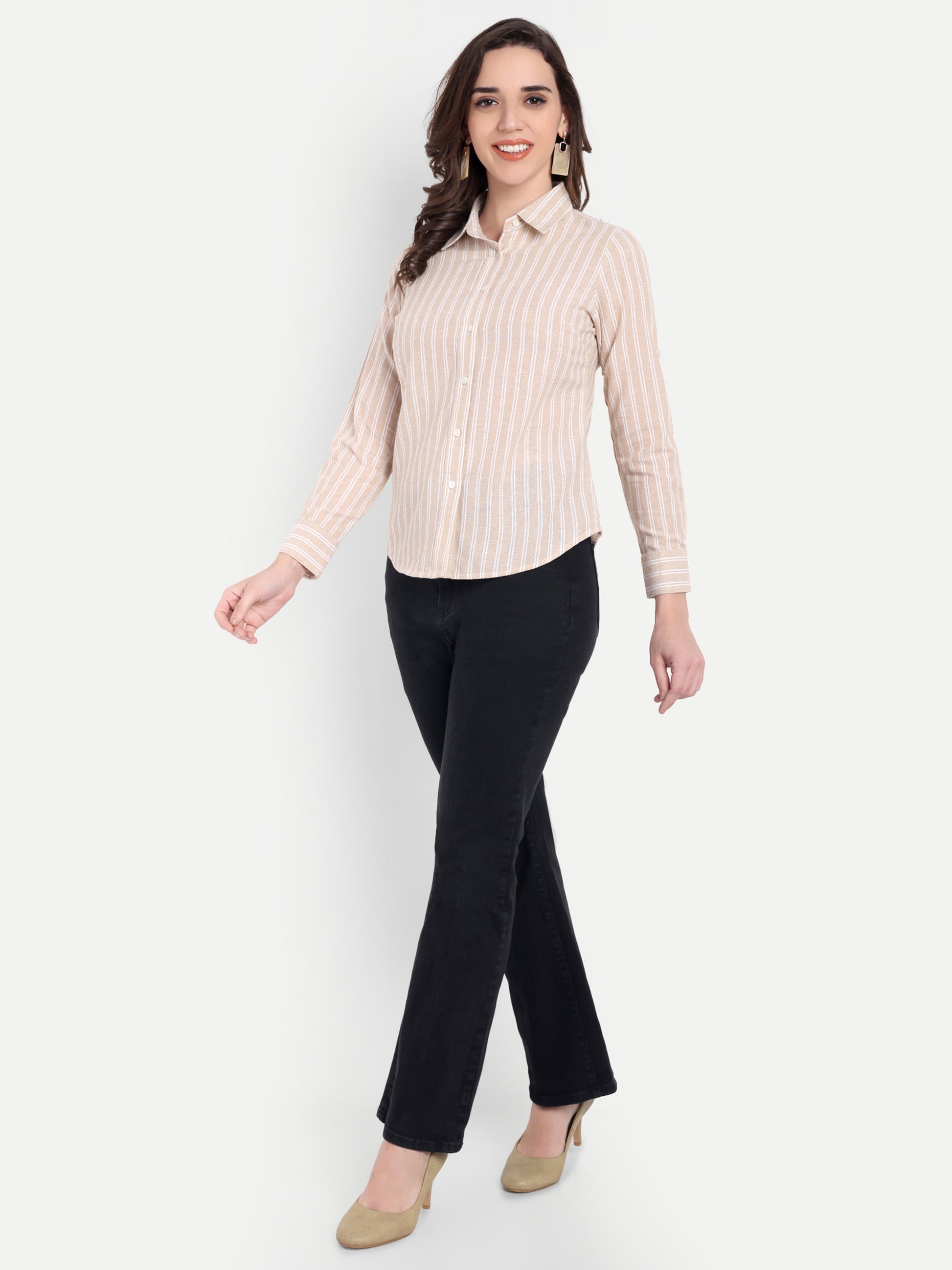 Women's Beige & White Striped Button-Down Shirt – Long Sleeve | Casual & Office Wear