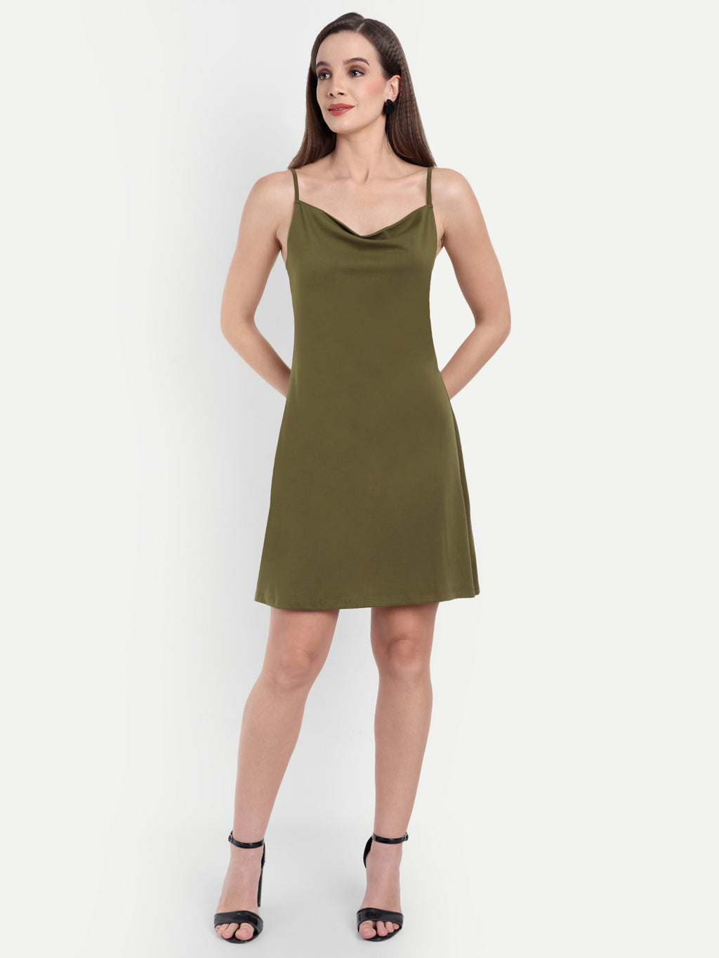 Women's Olive A-Line Mini Dress | Sleeveless Cowl Neck | Casual & Party Wear