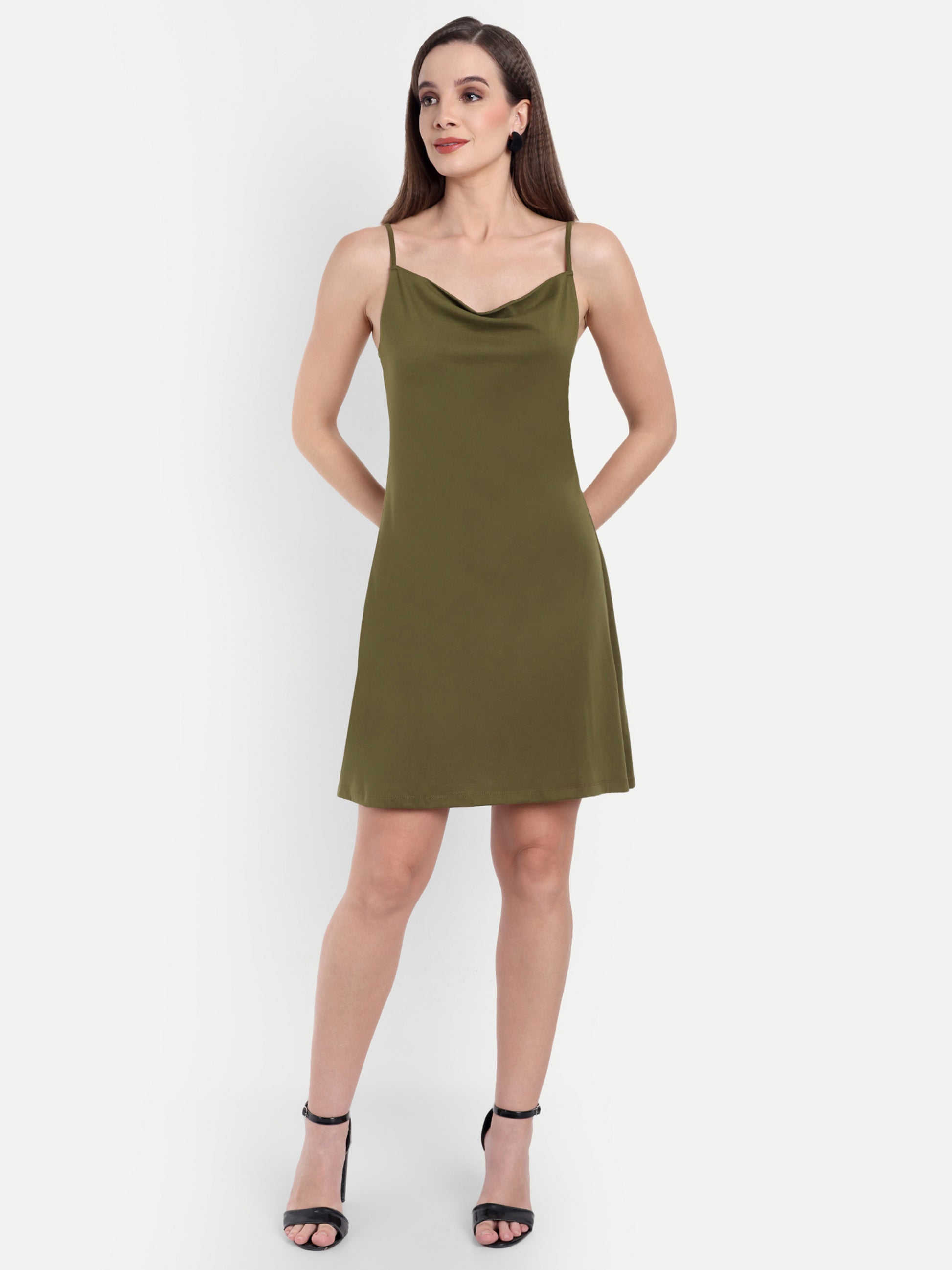 Women's Olive A-Line Mini Dress | Sleeveless Cowl Neck | Casual & Party Wear