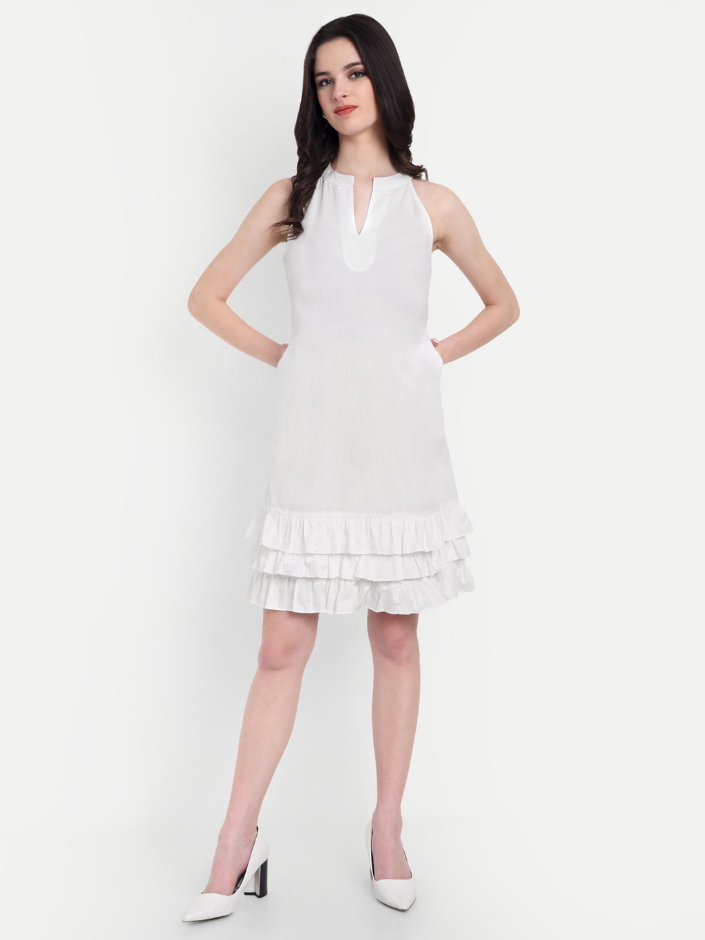 Women's White Sleeveless Halter Neck Dress | Tiered Hem | Summer Casual & Party Wear