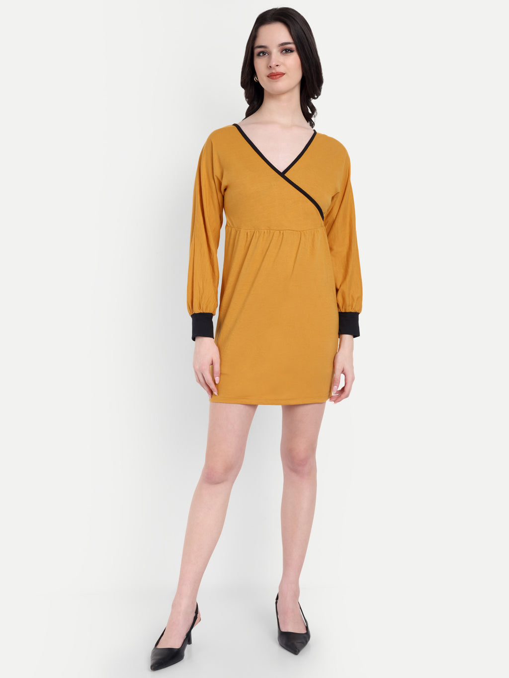 Women's Yellow Bodycon Mini Dress | V-Neck | Long Sleeve | Casual & Party Wear