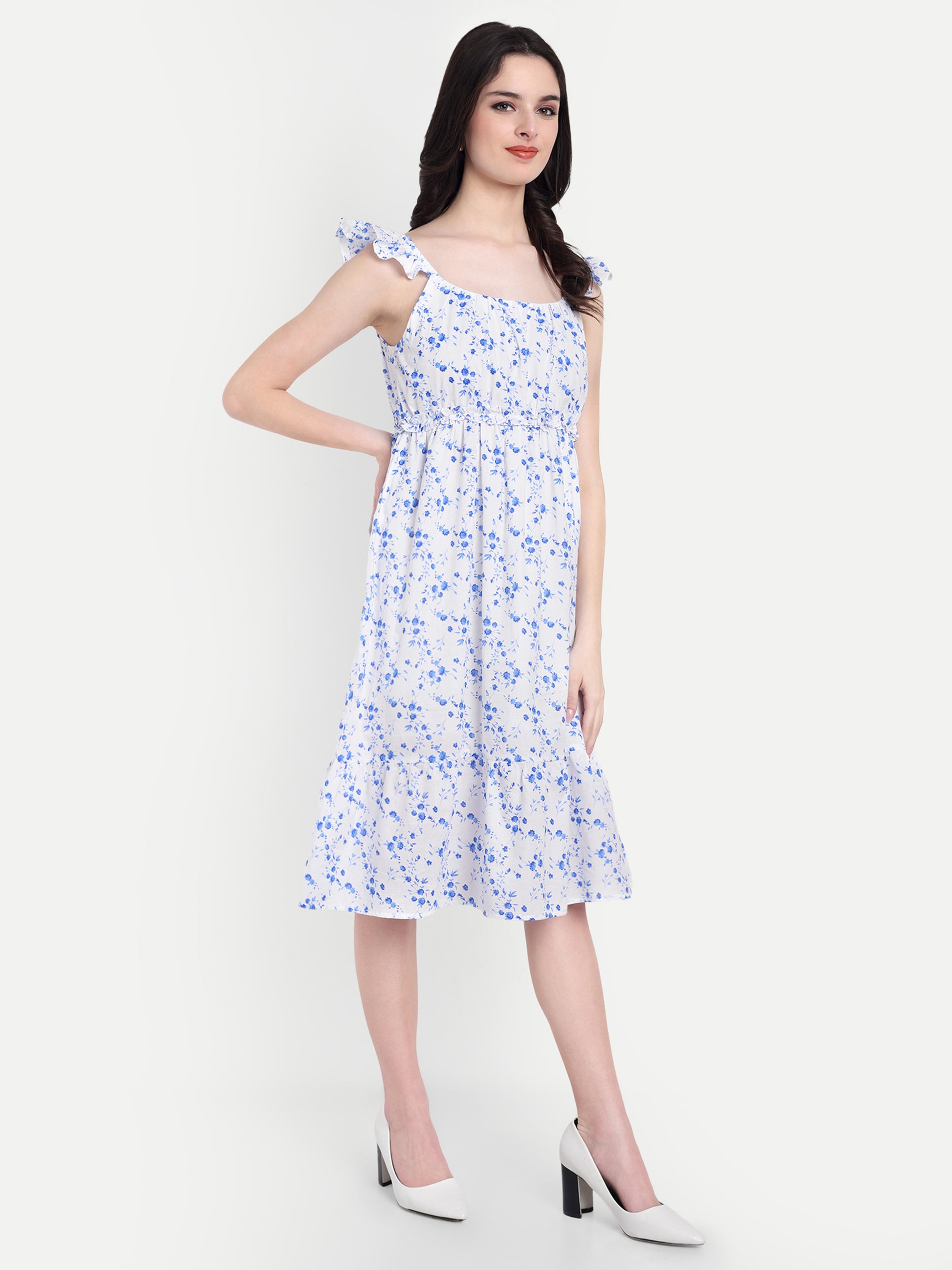 Women's Blue Floral Midi Dress | Sleeveless Ruffle Straps | Elegant Casual & Summer Wear