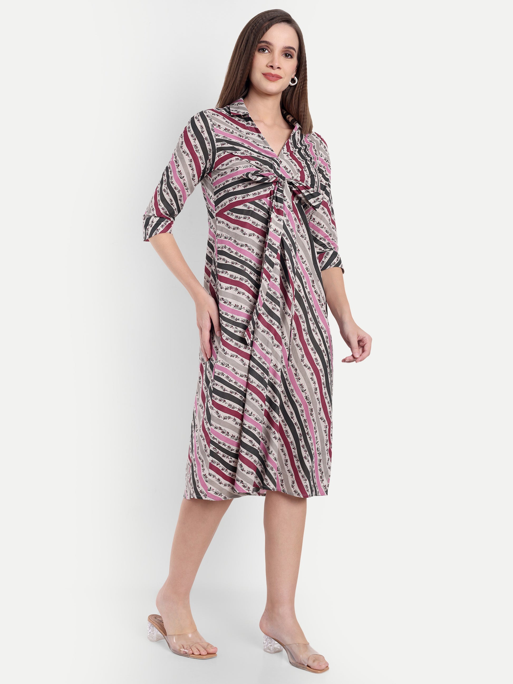 Women's Multicolor Striped Knee-Length Dress | Front Knot Detail | Casual & Party Wear