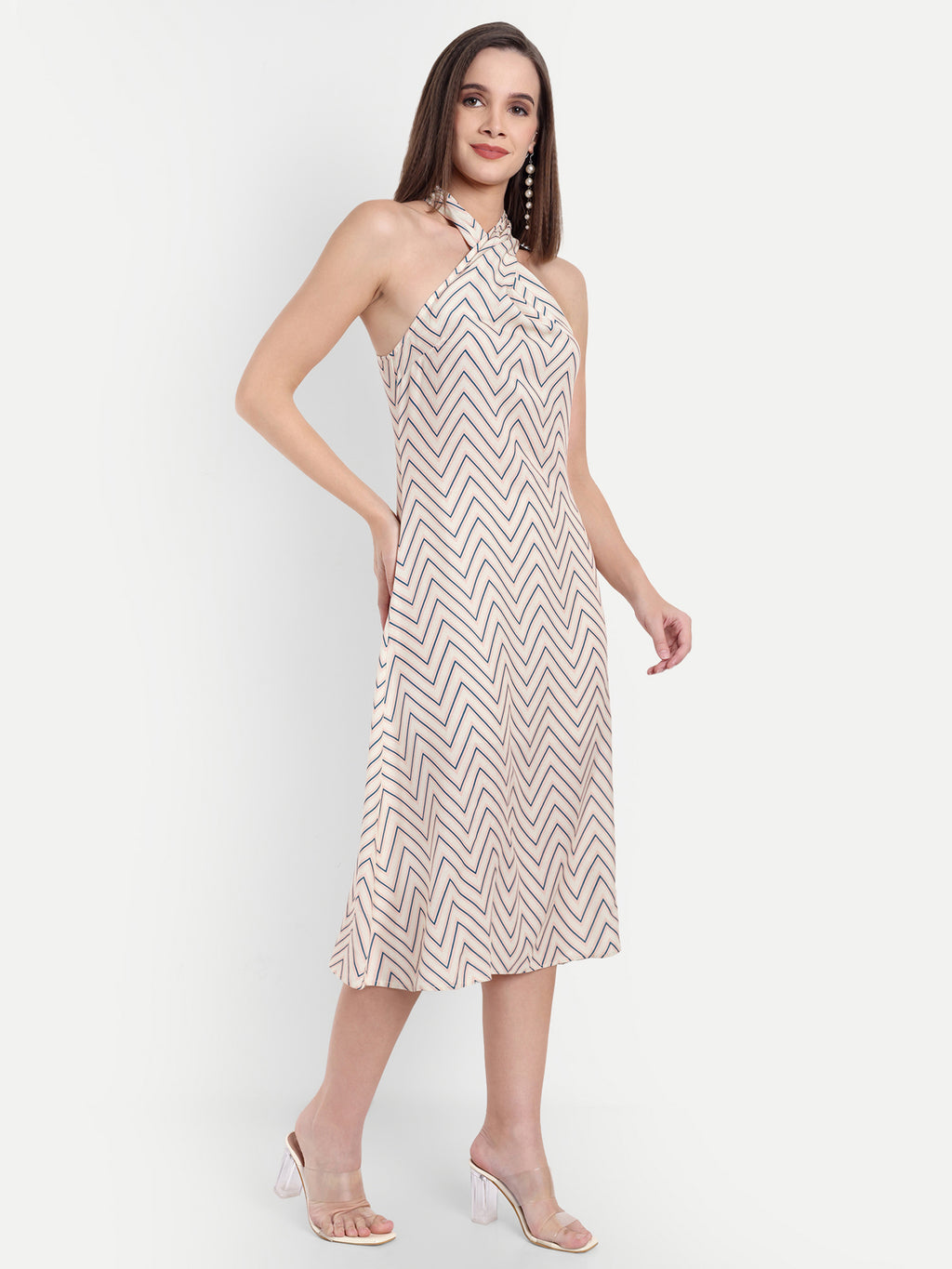 Women's Biege Halter Neck Midi Dress | Sleeveless Summer Dress