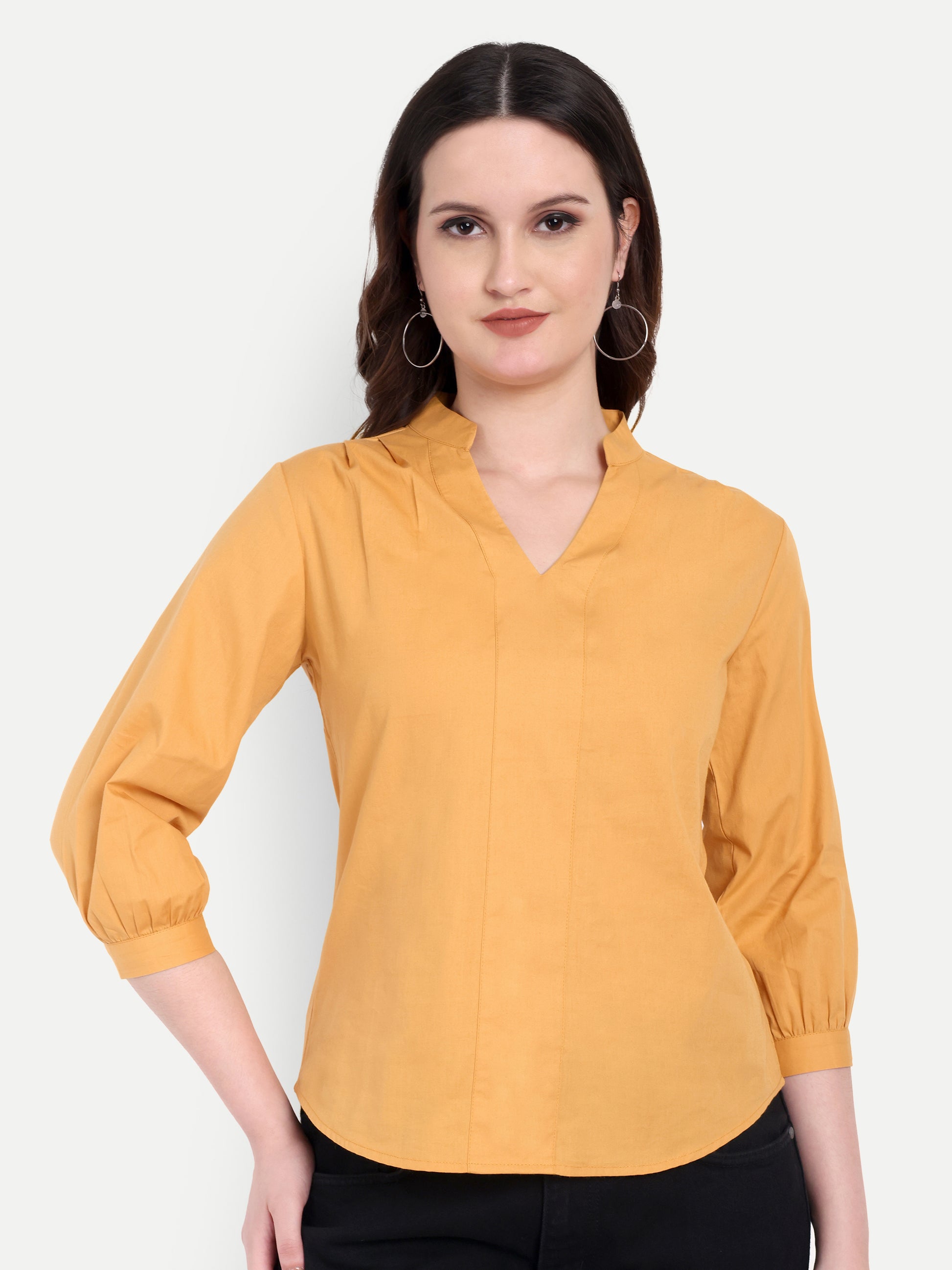 Women's Orange V-Neck 3/4 Sleeve Top | Lightweight Cotton Blend | Elegant Everyday Wear