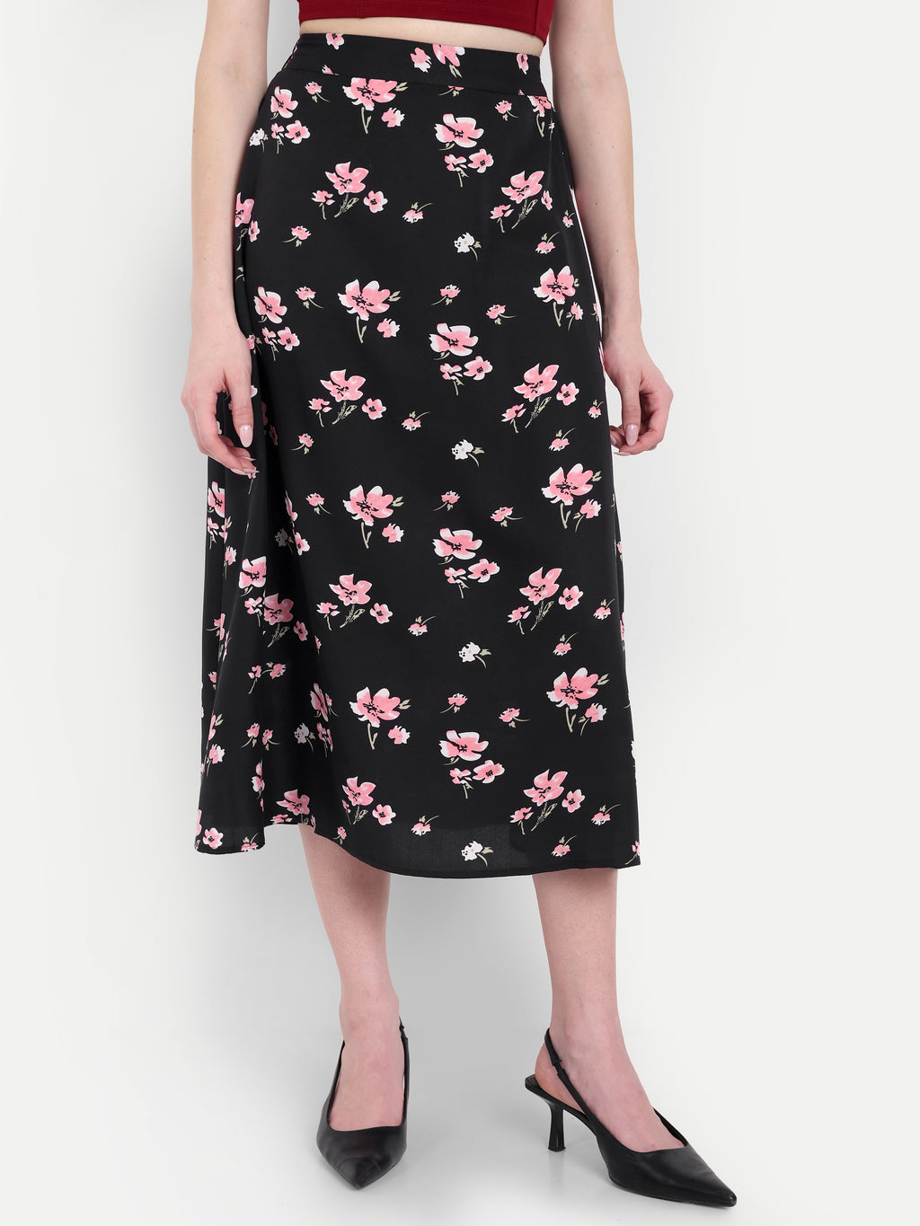Women's Black Floral Midi Skirt | Casual & Party Wear