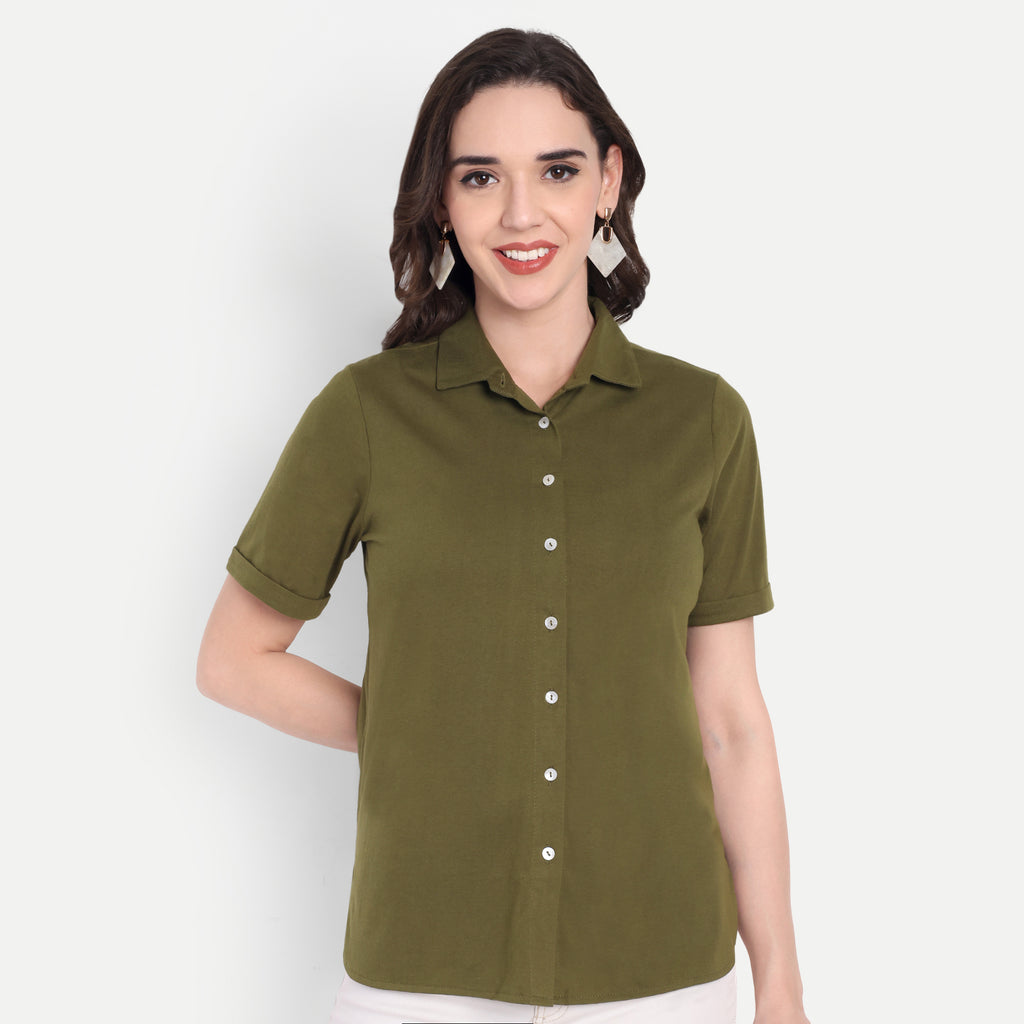 Women's Olive Casual Shirt – Short Sleeve | Button Down | Lightweight