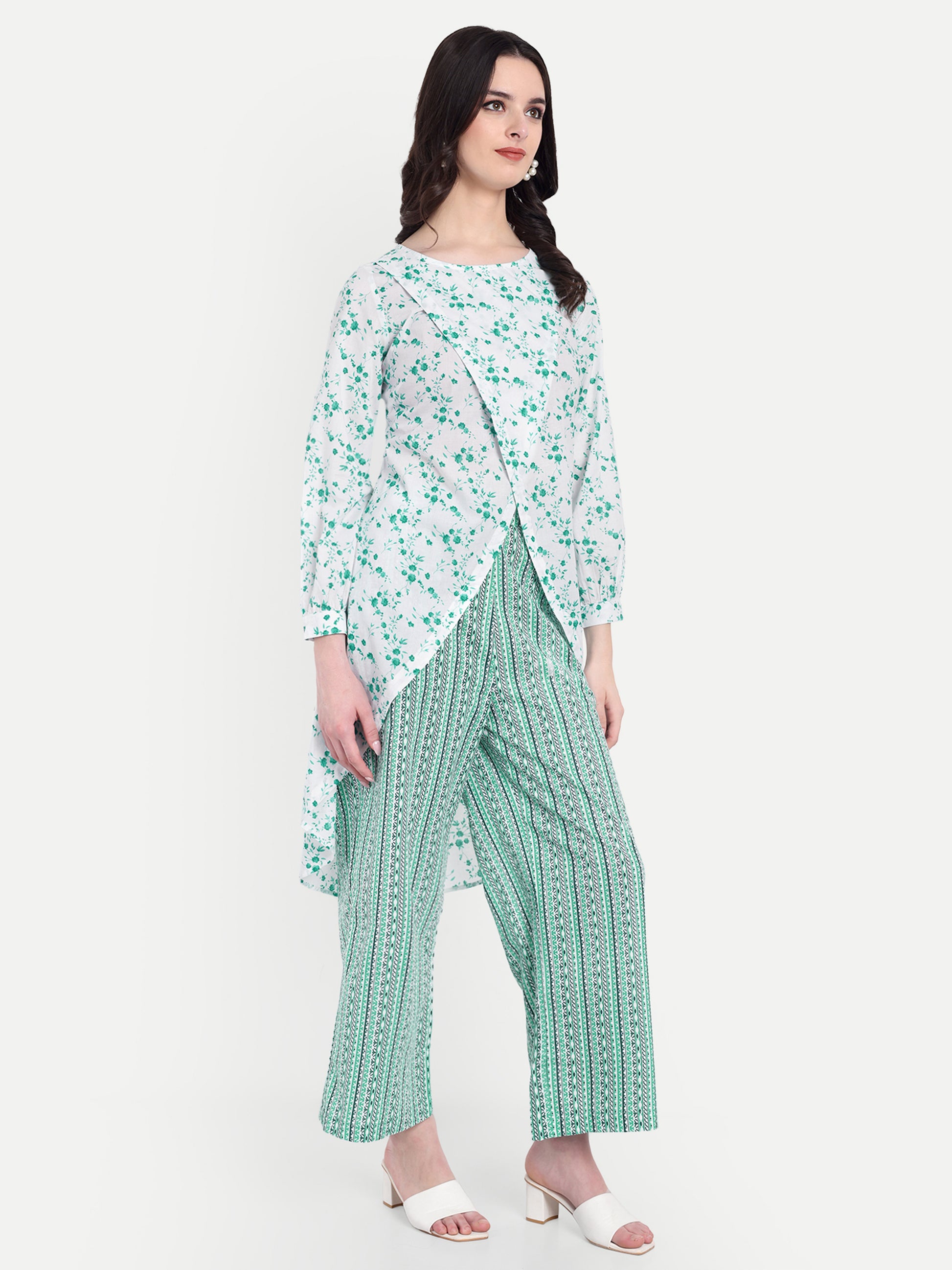 Women's Green White Printed Ethnic Co-ord Set | Asymmetrical Long Kurta with Wide-Leg Pants