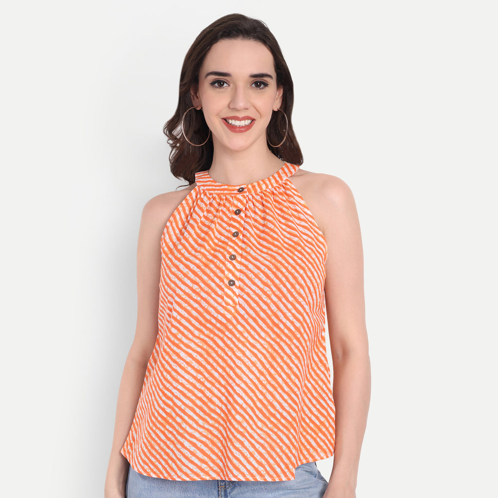 FairLeaf Women's Halter orange Top with Button-Down High Neckline| Sleeveless Elegant Summer Tunic for Casual, & Office Wear| Stylish OrangeTops for Women