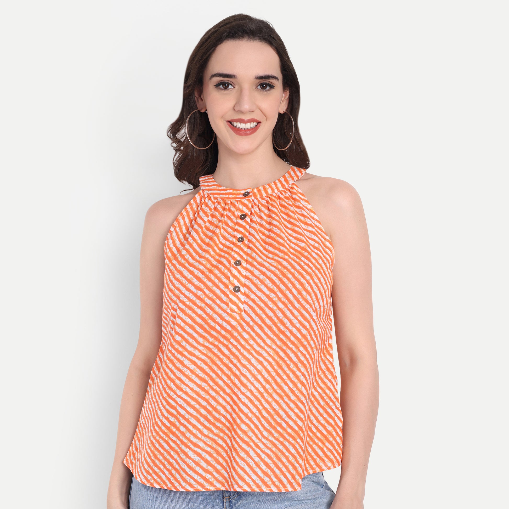 FairLeaf Women's Halter orange Top with Button-Down High Neckline| Sleeveless Elegant Summer Tunic for Casual, & Office Wear| Stylish OrangeTops for Women