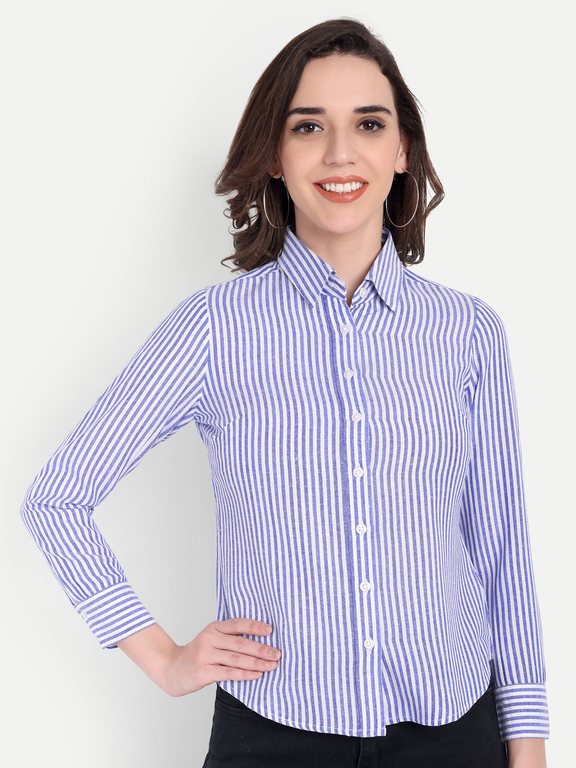 Women's White & BLUE Striped Button-Down Shirt – Long Sleeve | Casual & Office Wear