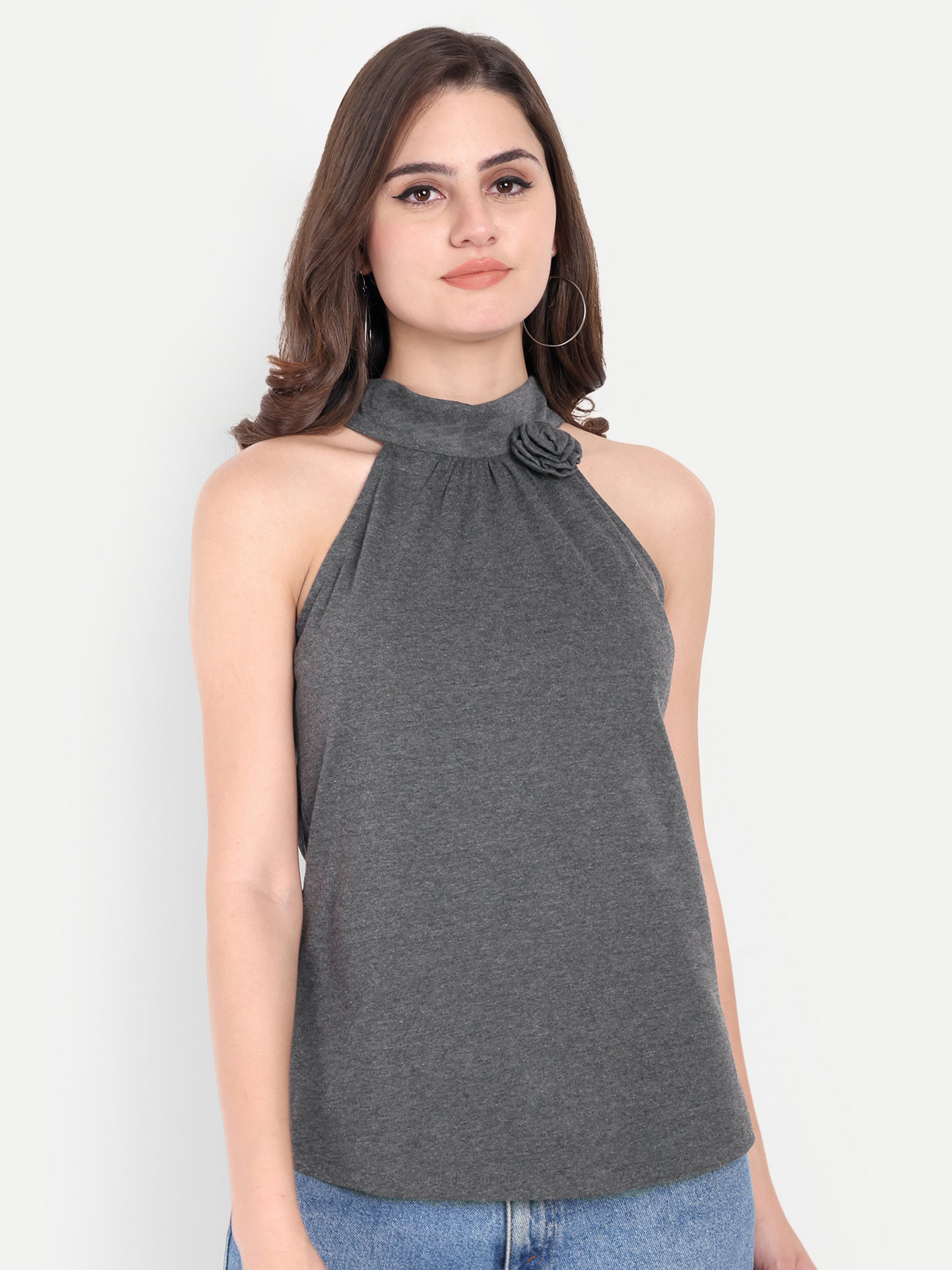 Women's Dark Grey Floral Halter Neck Sleeveless Top | Casual & Party Wear