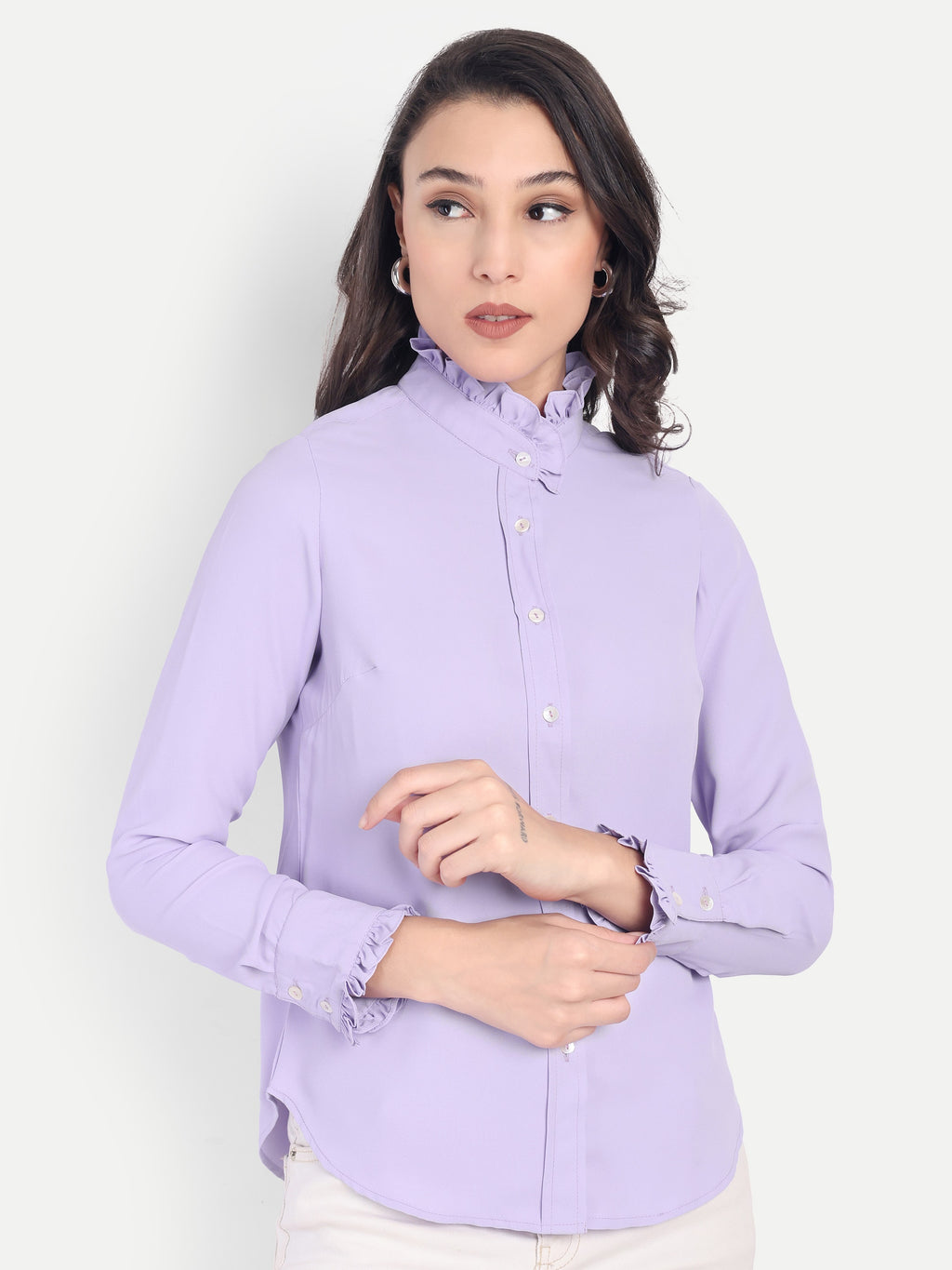 Women's Lavender Ruffle Collar Shirt | Elegant Formal & Casual Top with Long Sleeves