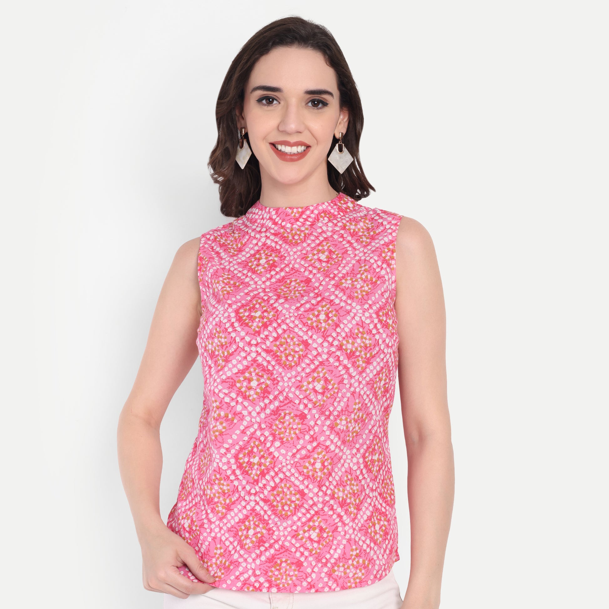 Women's Pink Printed Sleeveless Top | High Neck | Lightweight & Stylish Summer Wear