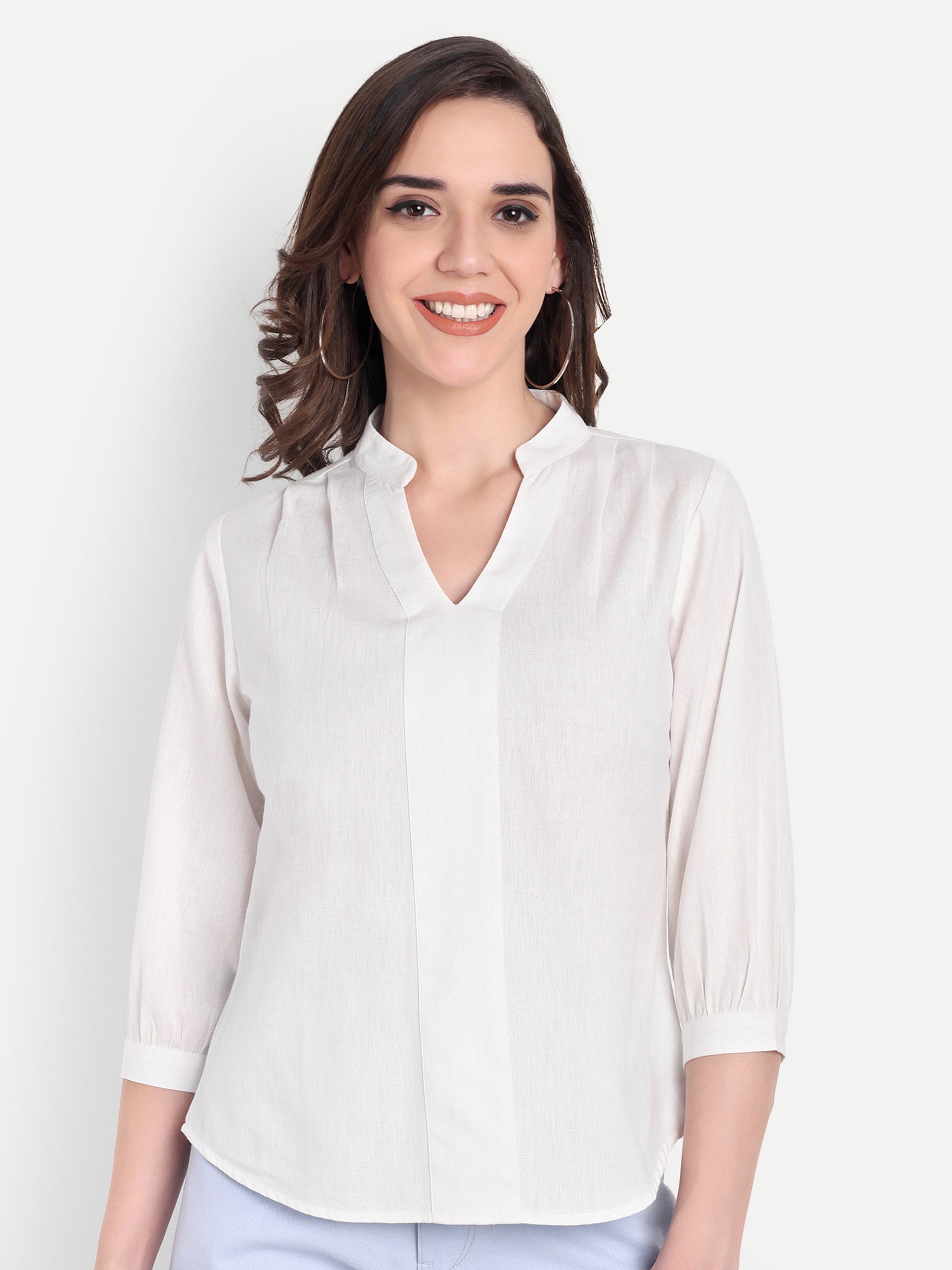 Women's White V-Neck 3/4 Sleeve Top | Lightweight Cotton Blend | Elegant Everyday Wear