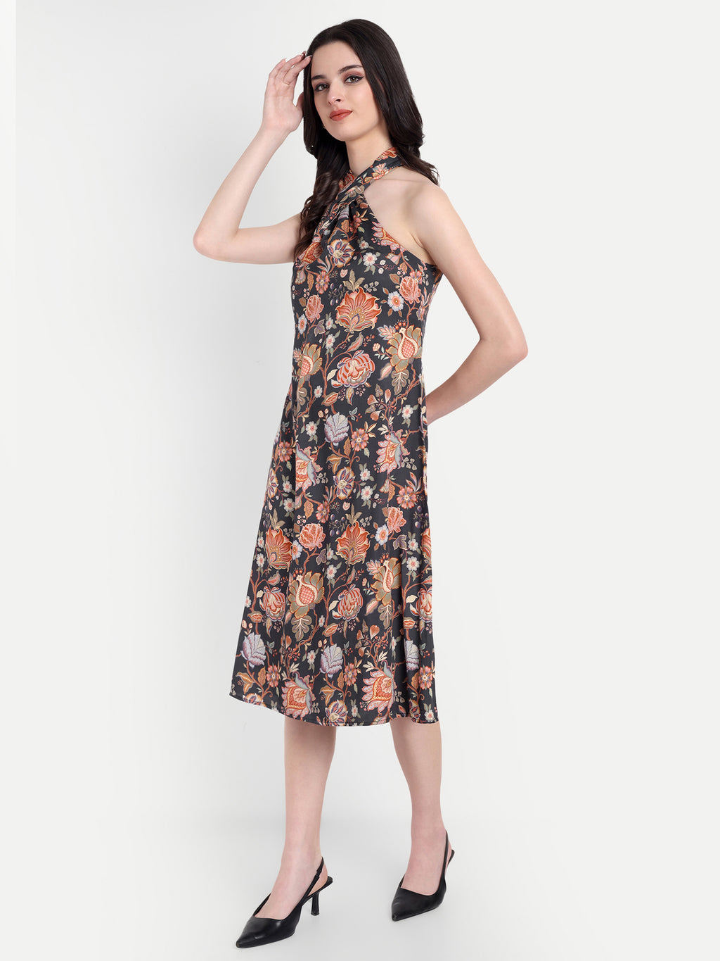 Women's Black Floral Halter Neck Midi Dress | Sleeveless Summer Dress