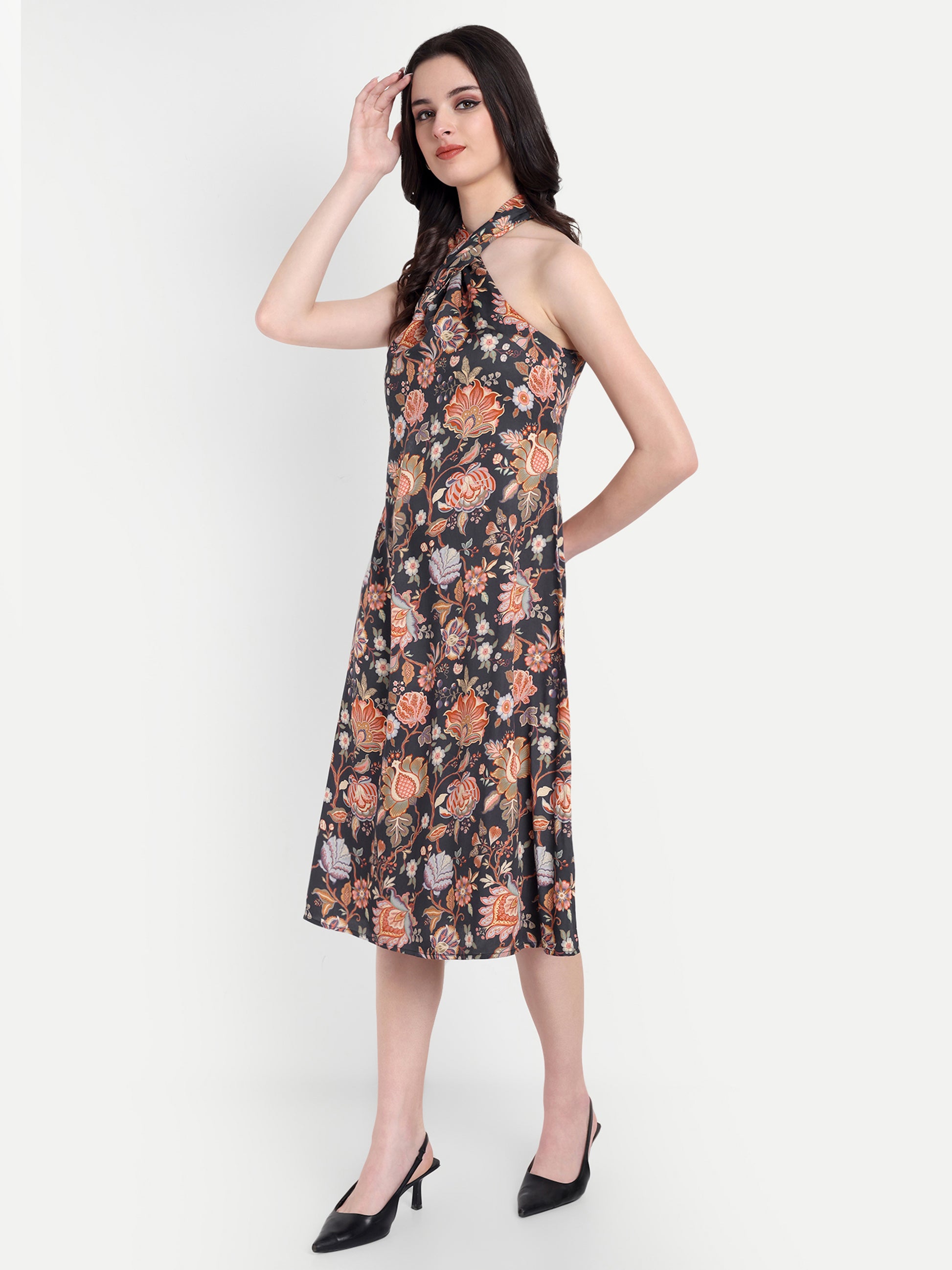 Women's Black Floral Halter Neck Midi Dress | Sleeveless Summer Dress