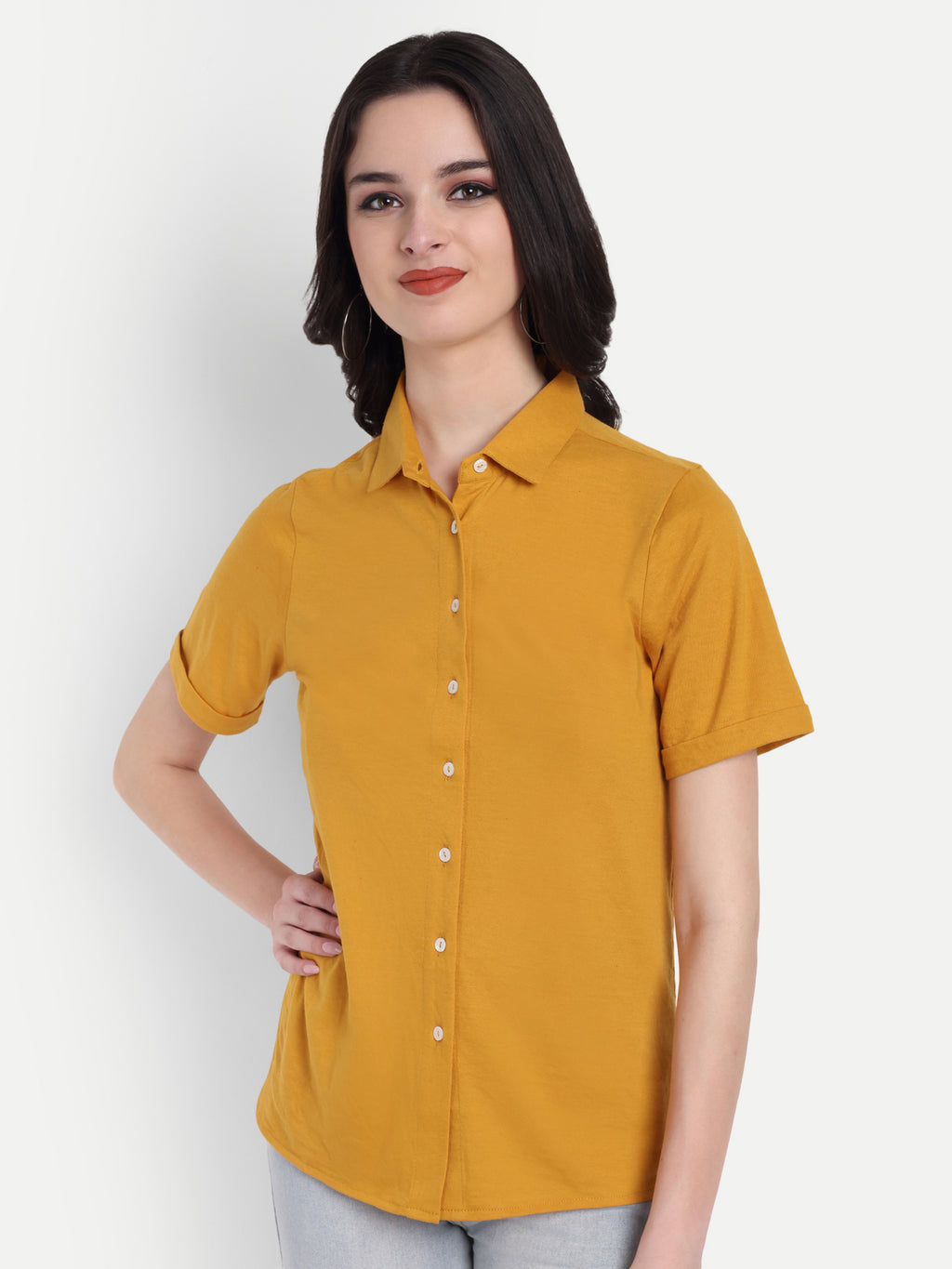 Women's Mustard Yellow Cotton Casual Shirt – Short Sleeve | Button Down | Lightweight