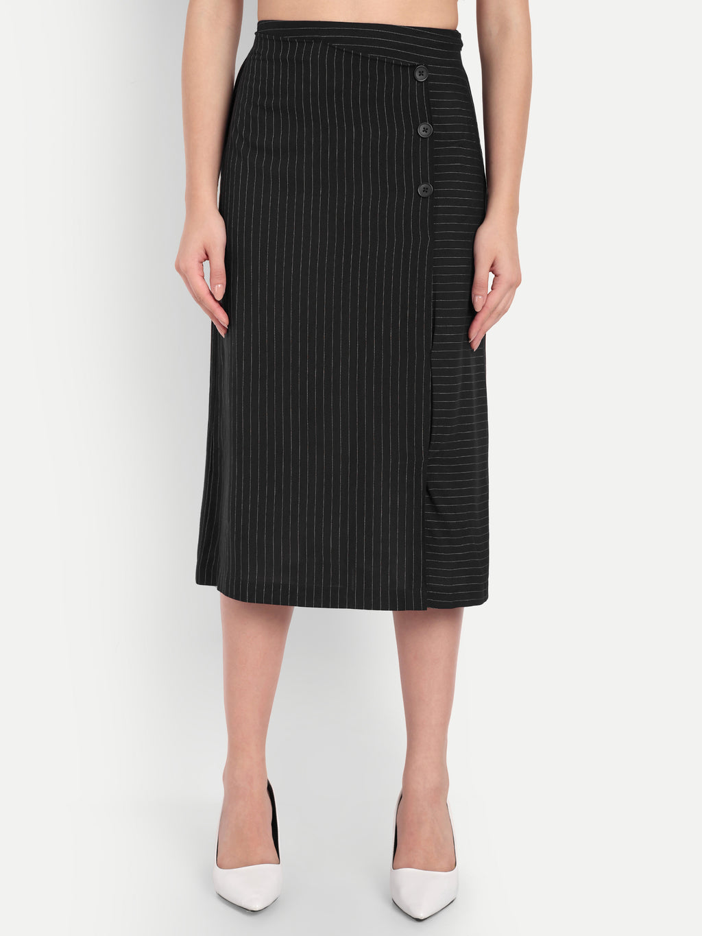 Women's Black Pinstripe Wrap Midi Skirt with Button Detail | Office & Casual Wear