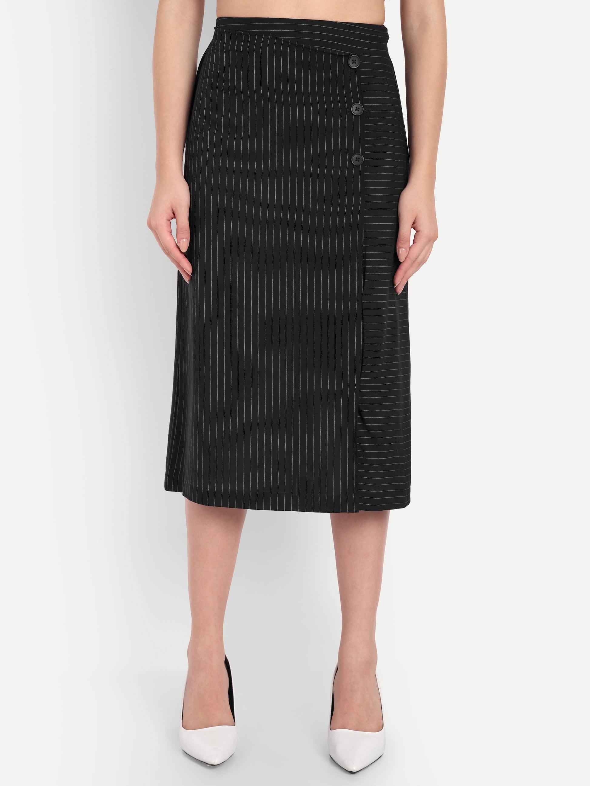 Women's Black Pinstripe Wrap Midi Skirt with Button Detail | Office & Casual Wear