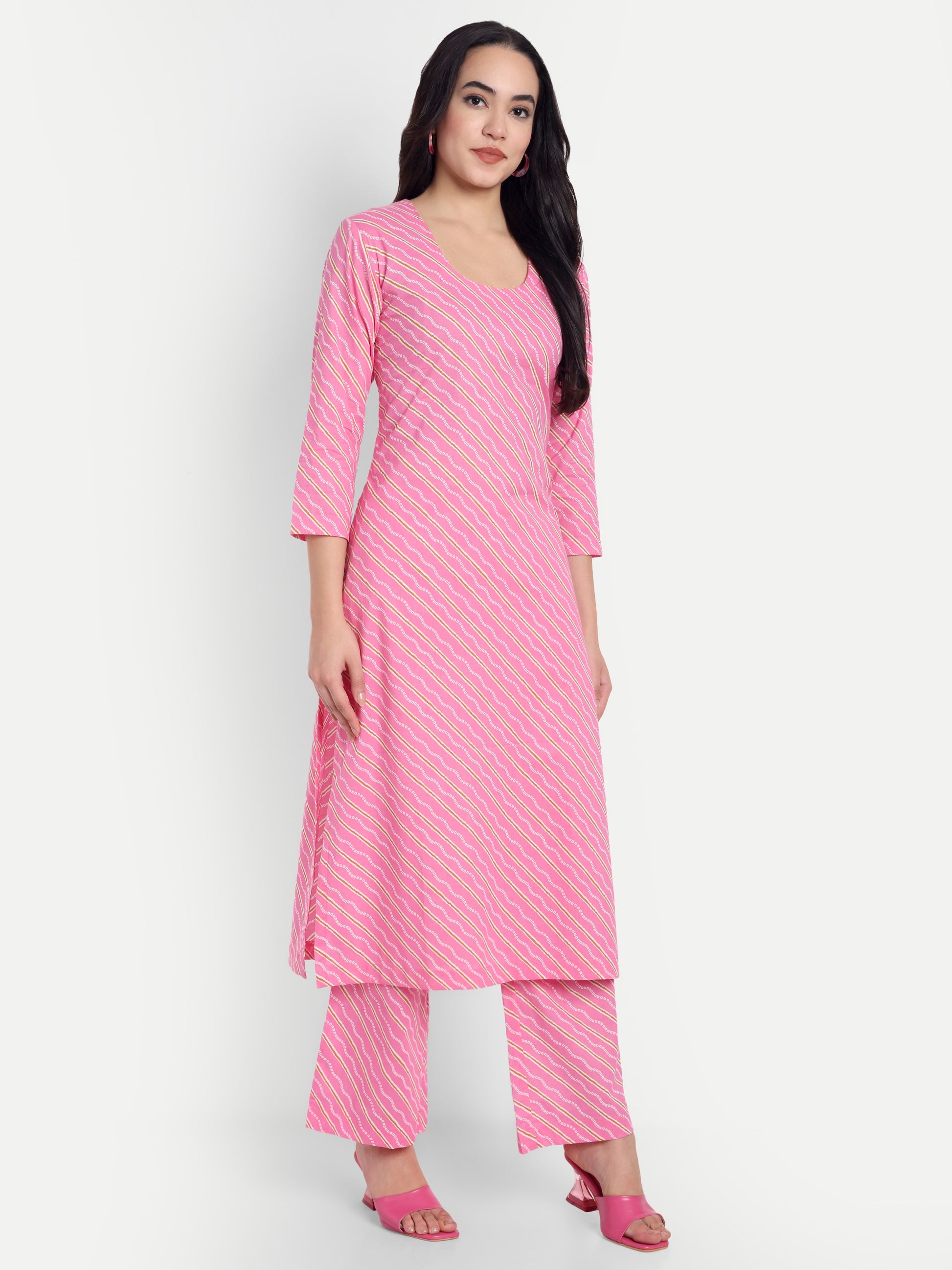 Women's Pink And White Printed Kurta with Straight Pants | Cotton Blend | Ethnic Wear
