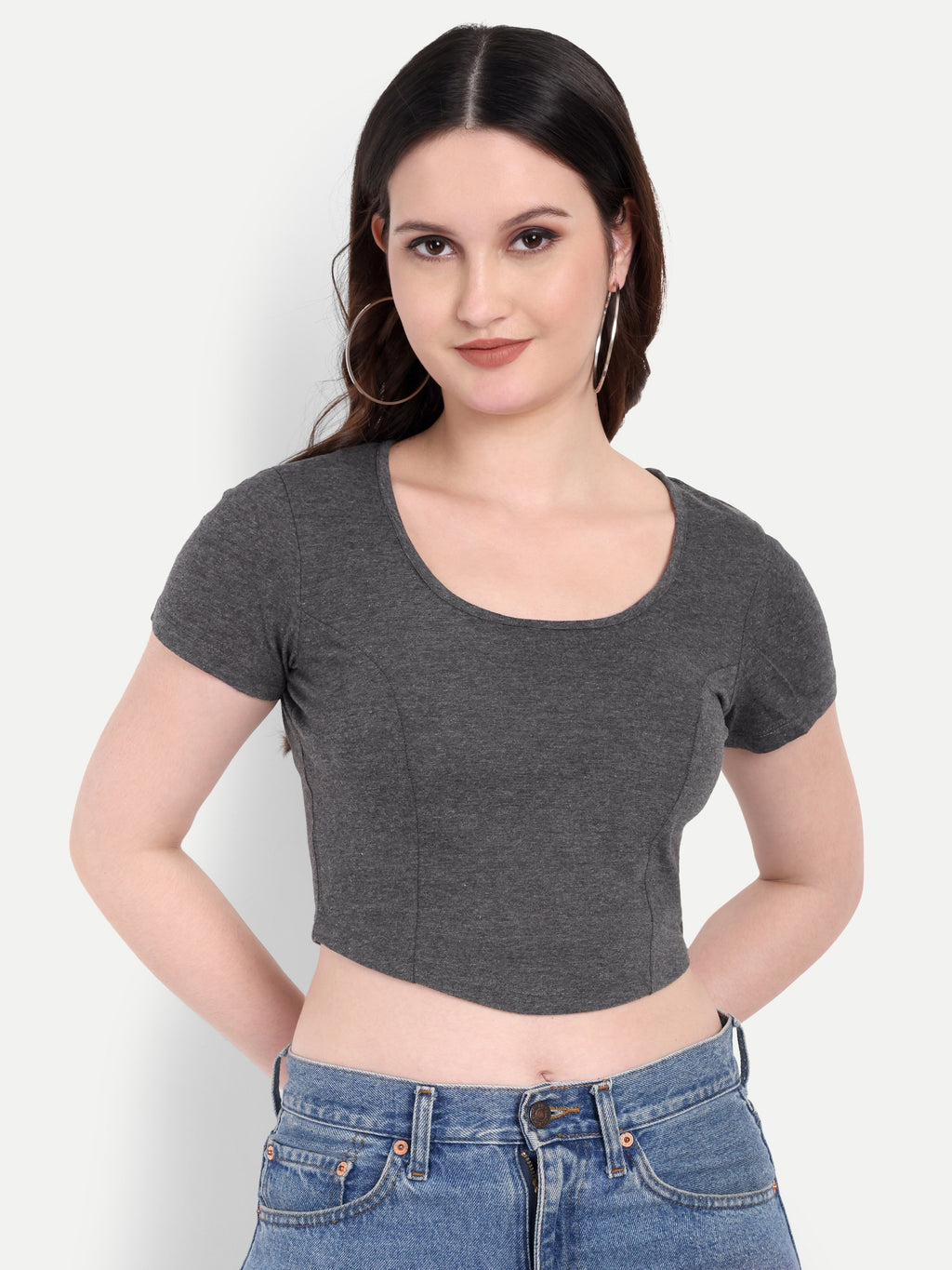 Women's Dark Grey Crop Top with Scoop Neck & Short Sleeves