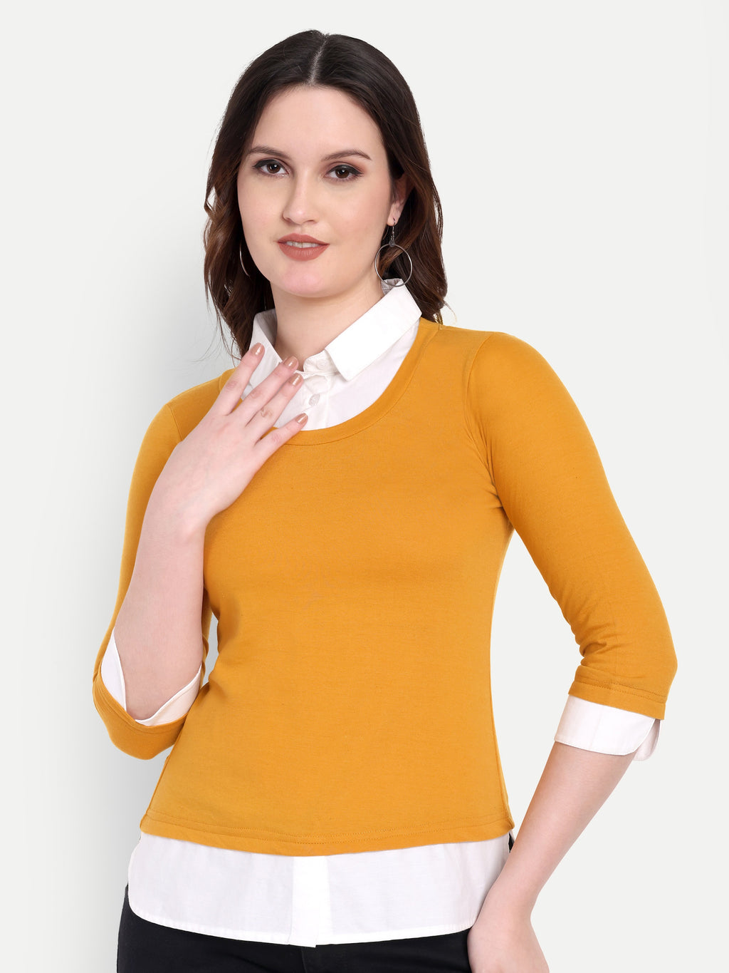 Women's Orange Layered Look Top with white Shirt Collar & 3/4 Sleeves