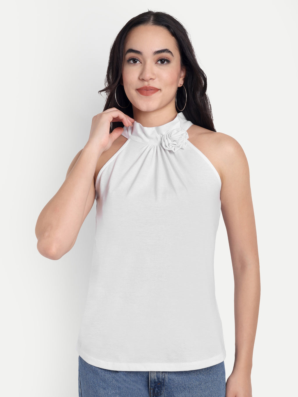 Women's Light white Halter Floral Note Neck Sleeveless Top | Casual & Party Wear