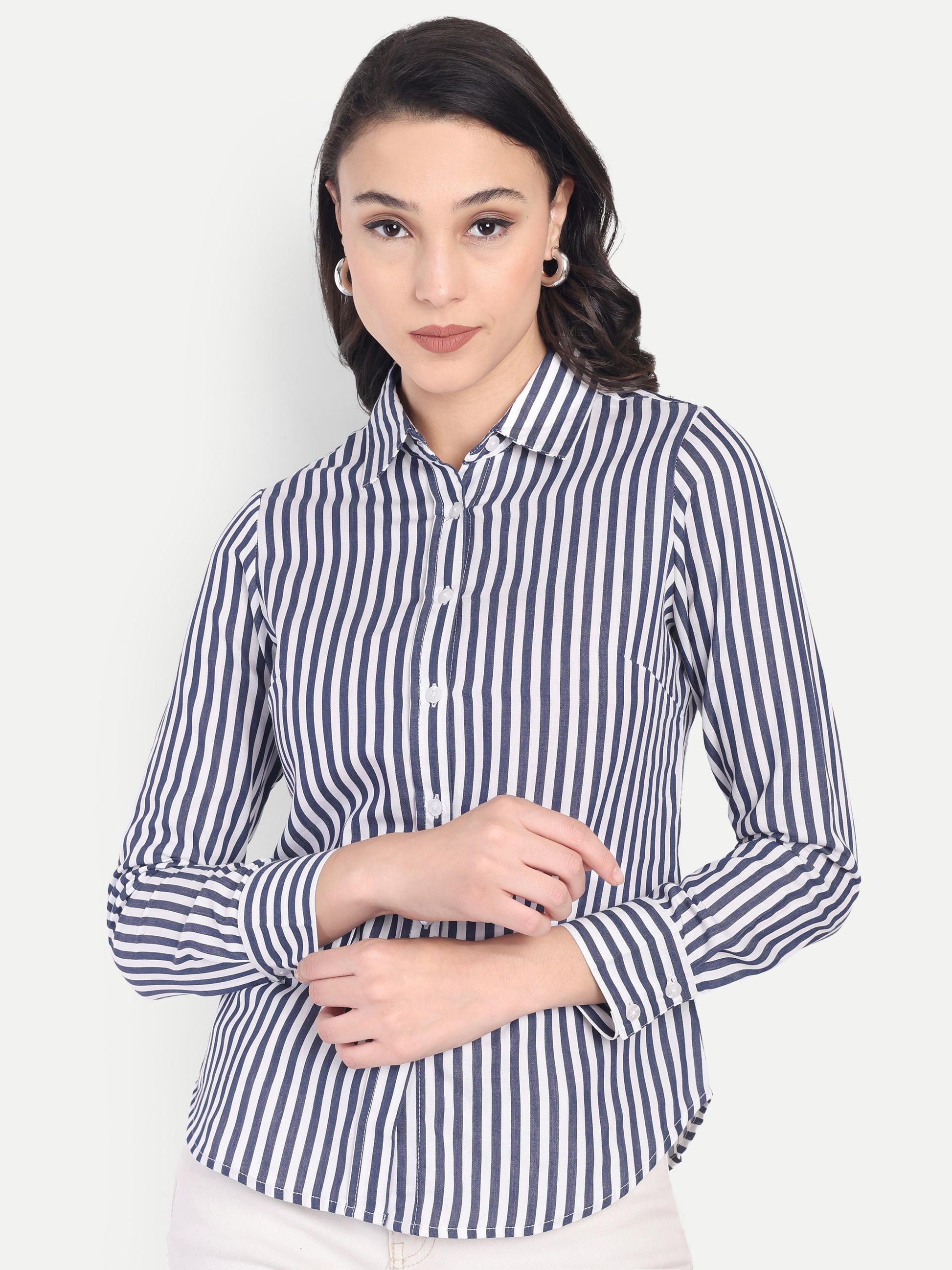 Women's Navy Blue & White Vertical Striped Shirt – Long Sleeve | Button-Down | Formal & Casual Wear
