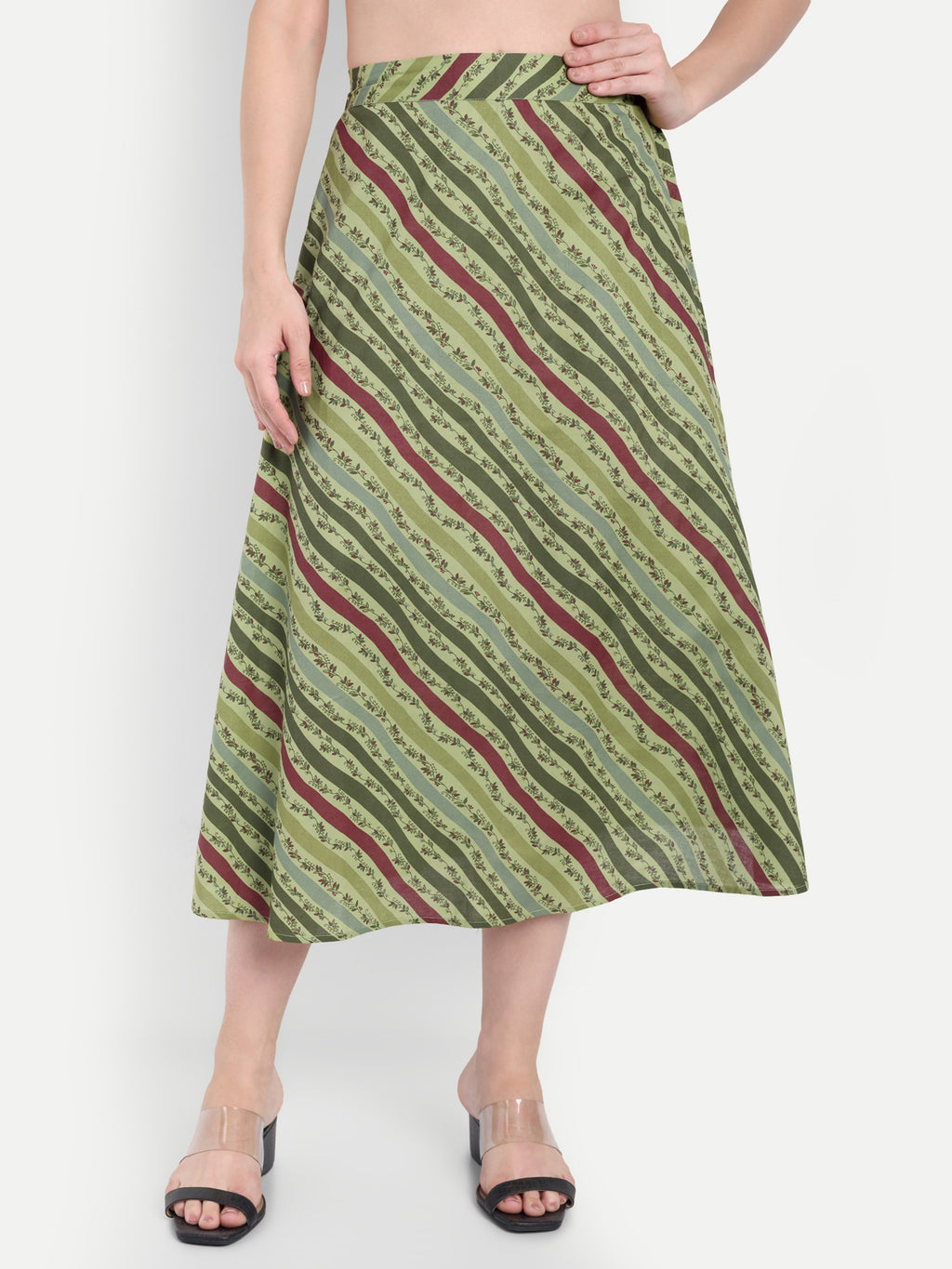 Women's Olive Striped A-Line Midi Skirt | Casual & Party Wear