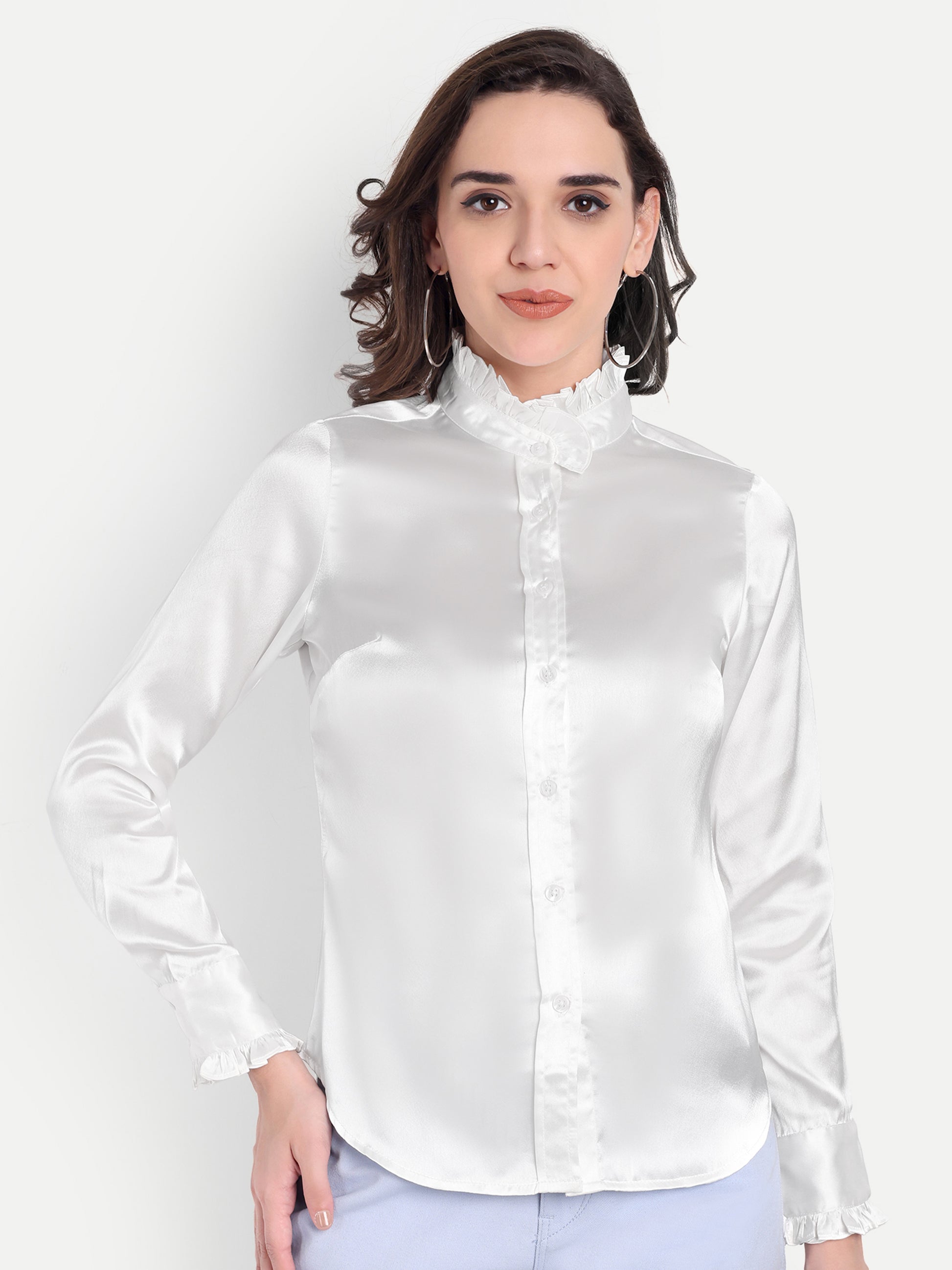 Women's white Ruffle Collar Shirt | Elegant Formal & Casual Top with Long Sleeves
