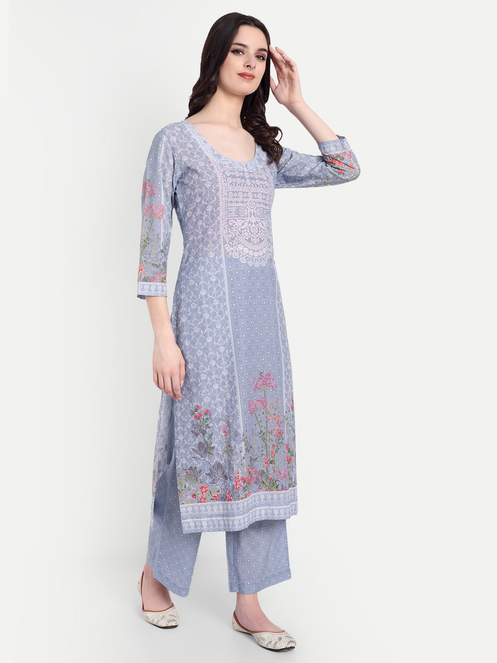Women's Grey And White Floral Printed Kurta with Straight Pants | Cotton Blend | Ethnic Wear